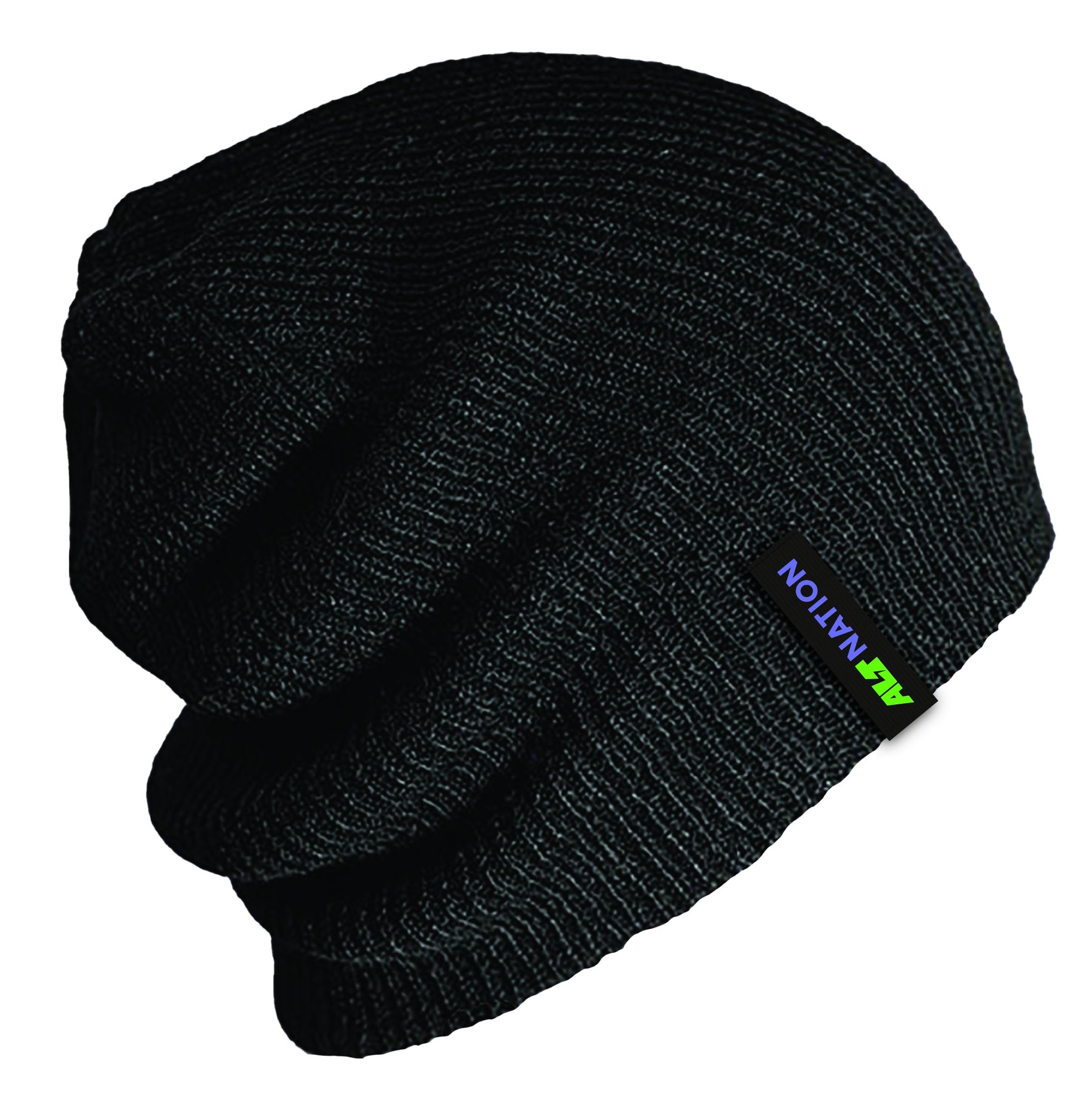 Black knitted beanie hat with a colorful logo tag from 'alt Nation'.