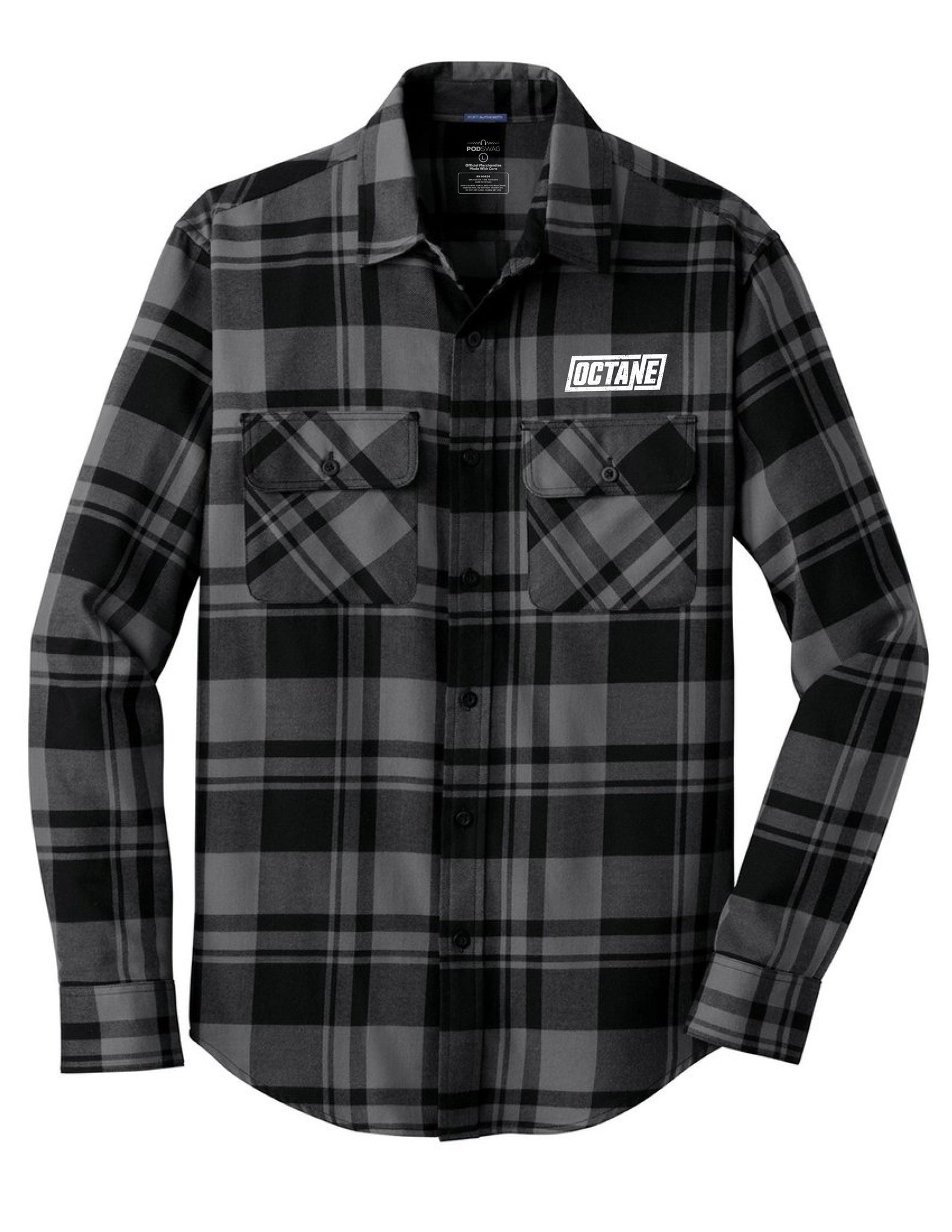 Black and gray plaid flannel shirt with two chest pockets and 'OCTANE' logo.