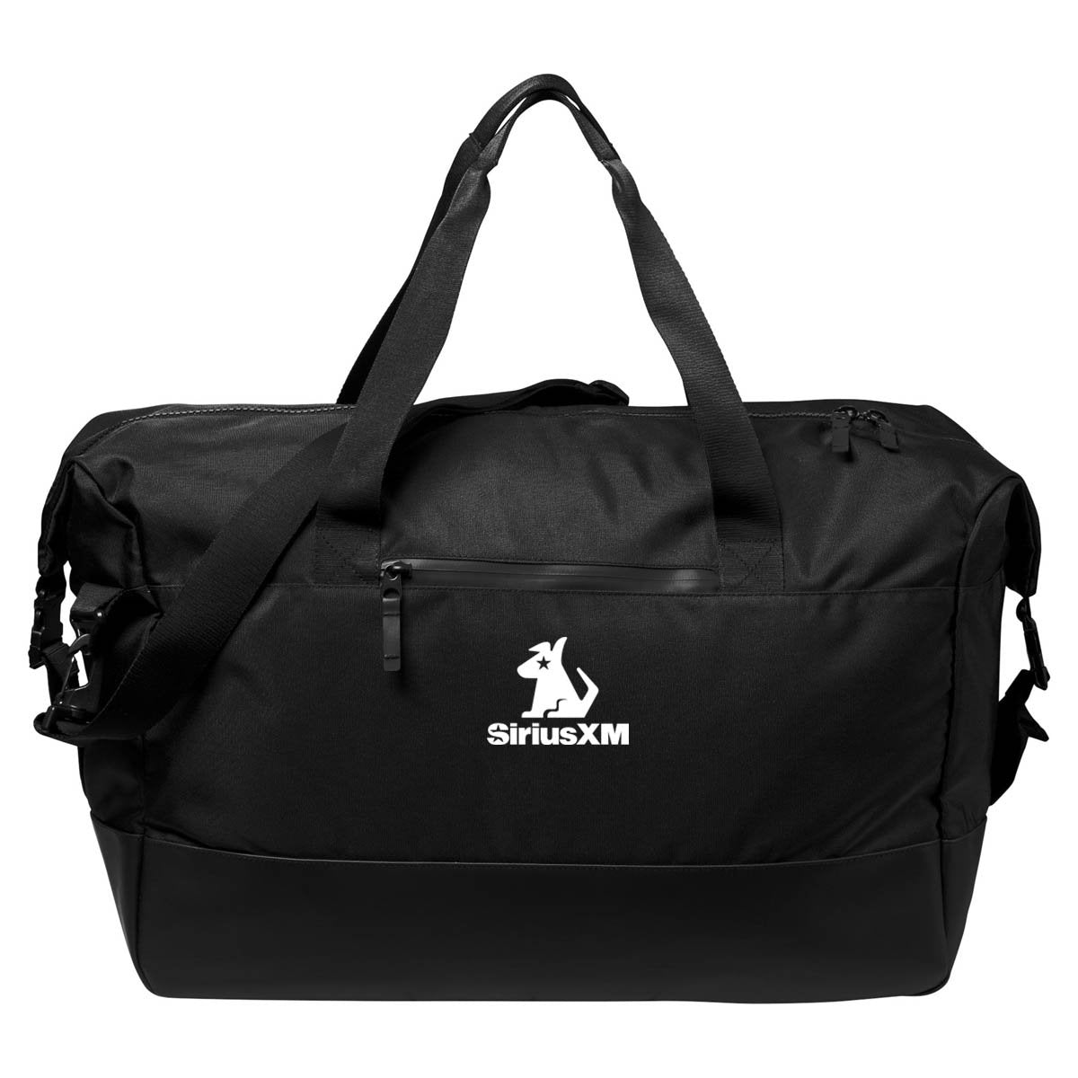 Front side of black duffel bag featuring the Stella dog mascot and 'SiriusXM' logo in white and adjustable straps.