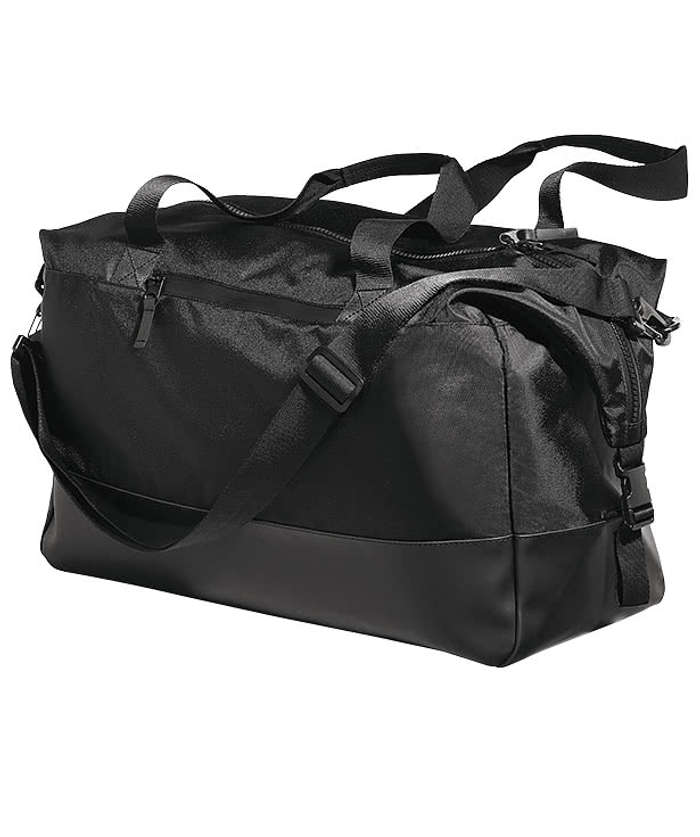 Side angle of black duffel bag with dual handles and adjustable shoulder strap, featuring a sleek design and zippered compartments.