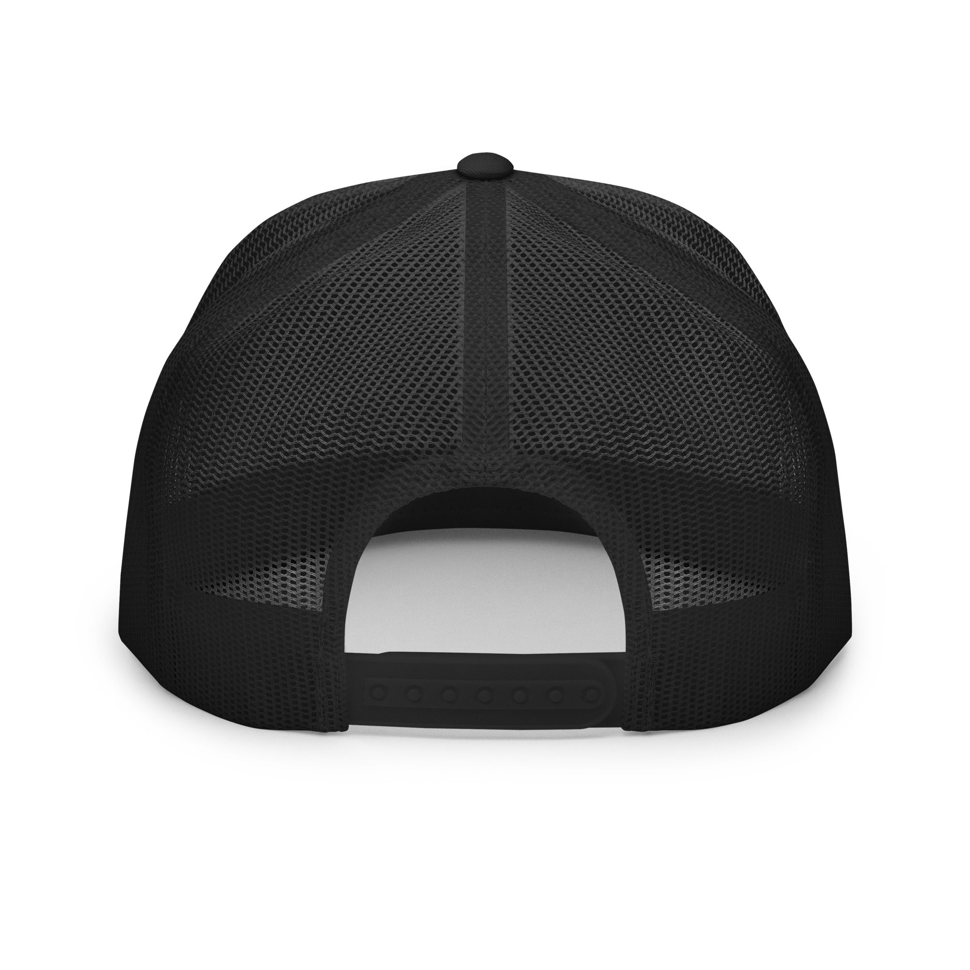 The rear view of a black trucker hat, showing its adjustable snapback closure and breathable mesh paneling.