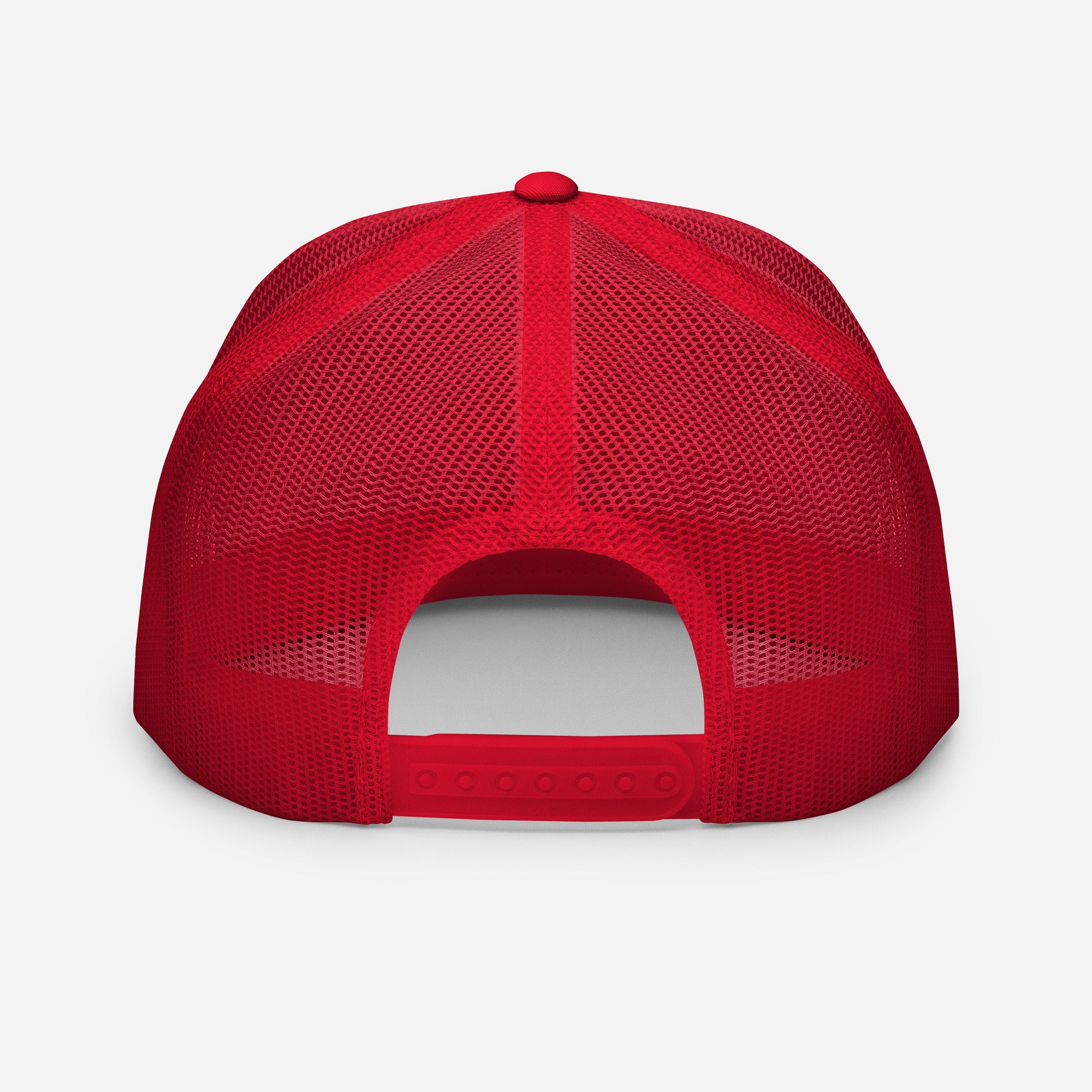 Back view of a red trucker hat showing a red mesh panel with an adjustable plastic snapback closure.