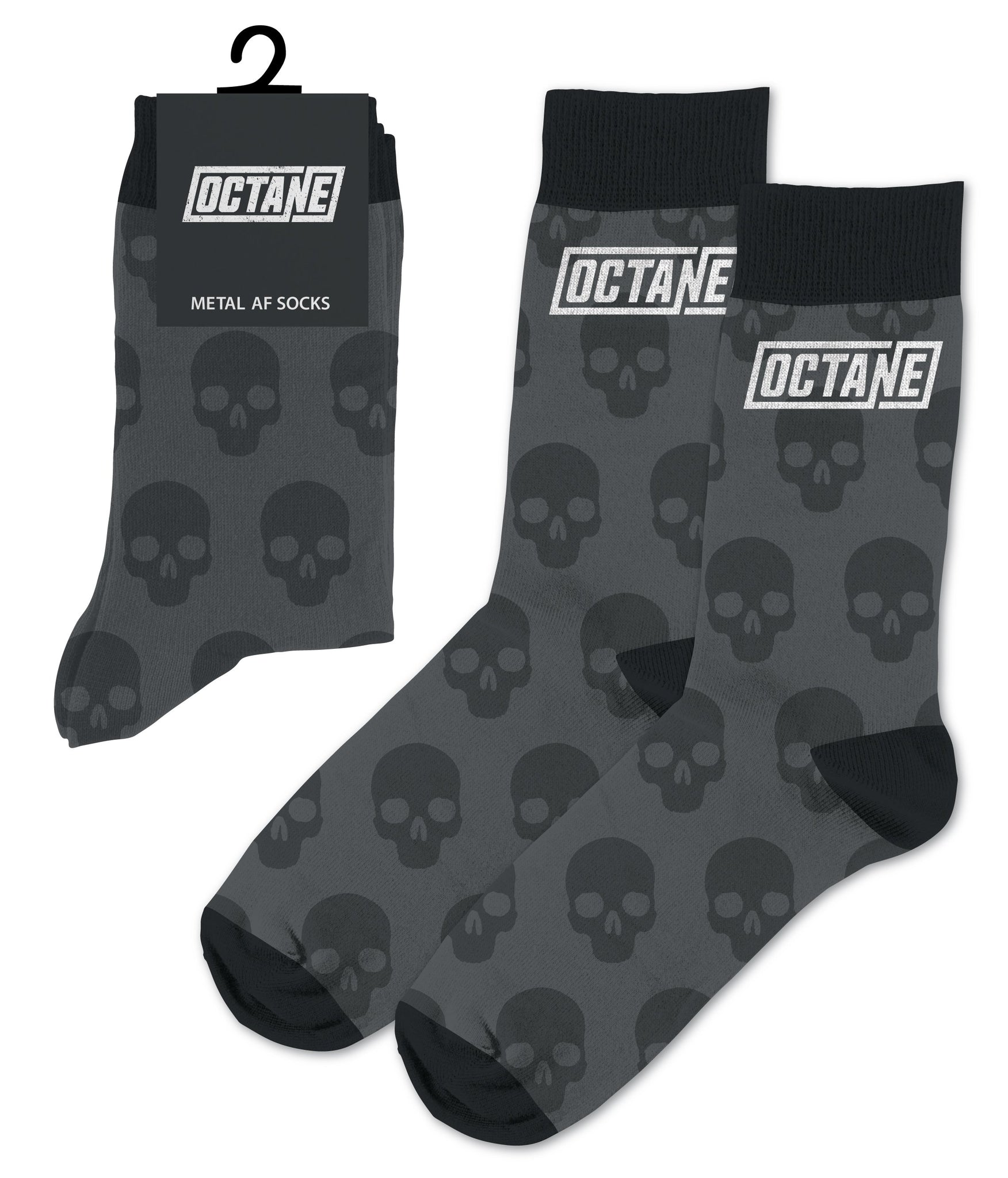 Socks featuring a skull pattern with a black and gray design and an 'OCTANE' tag labeled 'METAL AF SOCKS.'