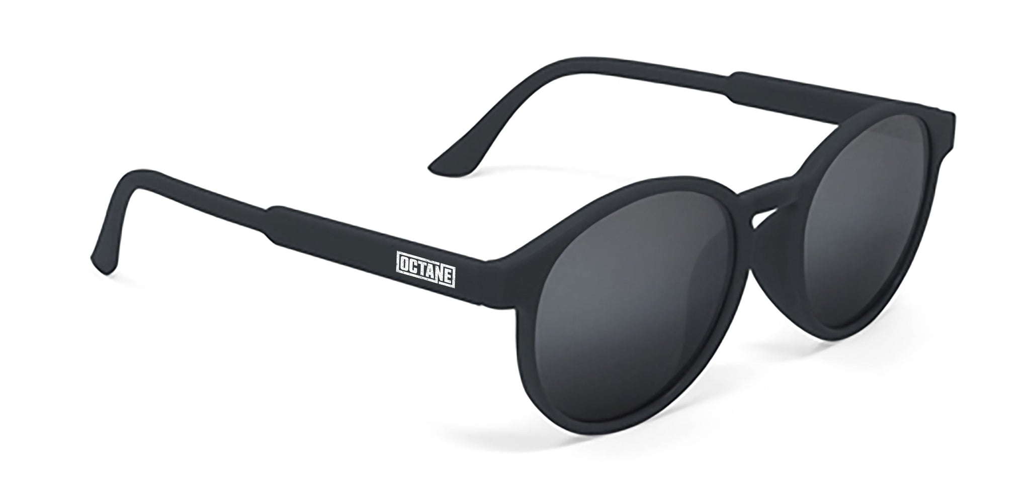 Black round sunglasses with a matte finish and the word 'OCTANE' on the side.