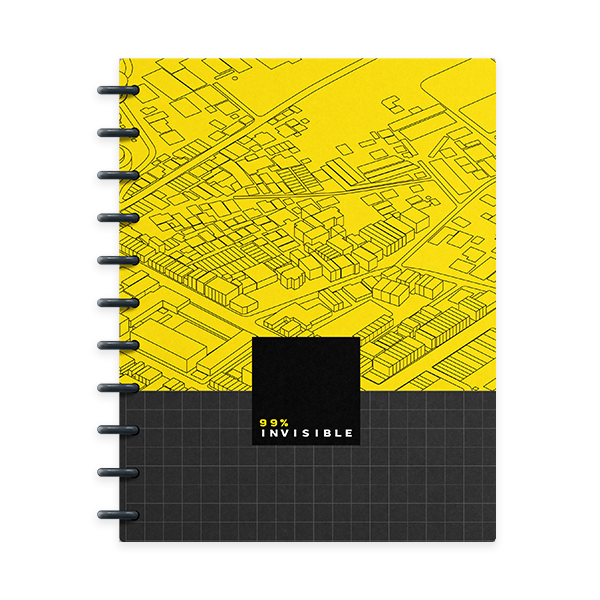 A yellow and black spiral-bound notebook with a geometric map illustration and a grid pattern cover, featuring the ‘99% Invisible’ logo in white and yellow text.