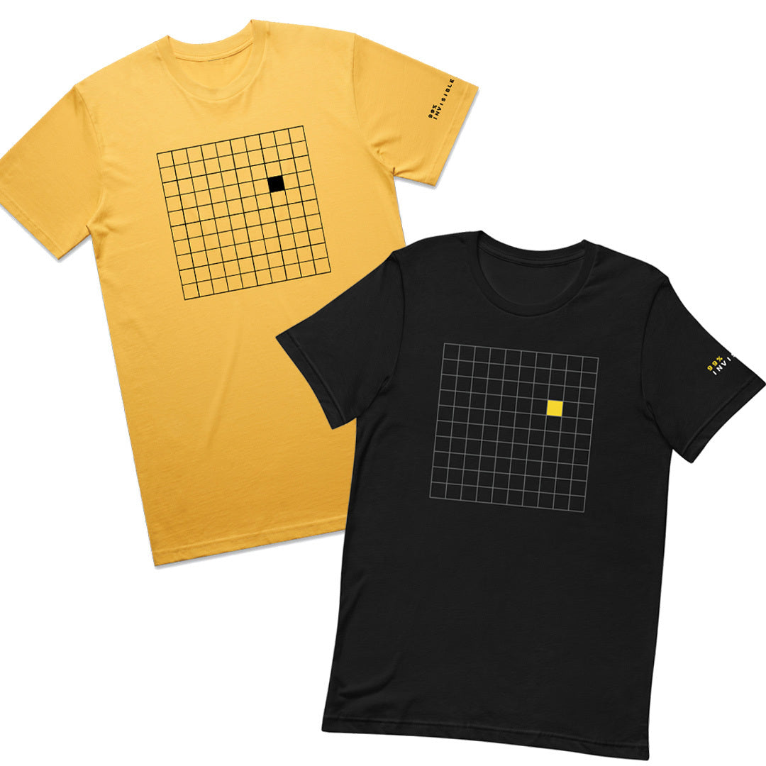 Two t-shirts, one yellow with a black grid with one solid black square, and one black shirt with a yellow grid and a solid yellow square.