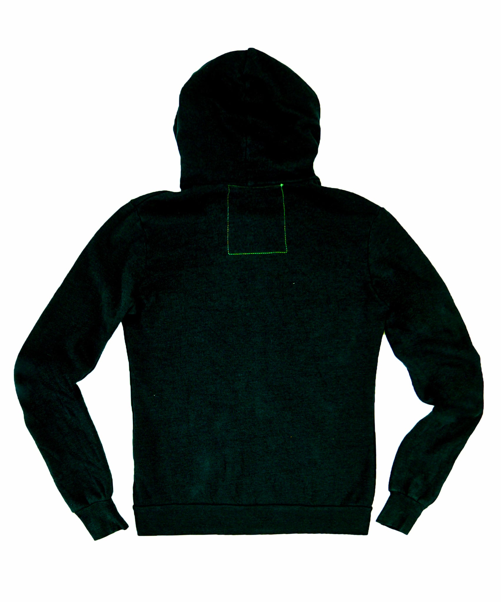 Back view of a black hoodie with a rectangular patch of contrasting stitching under the collar.