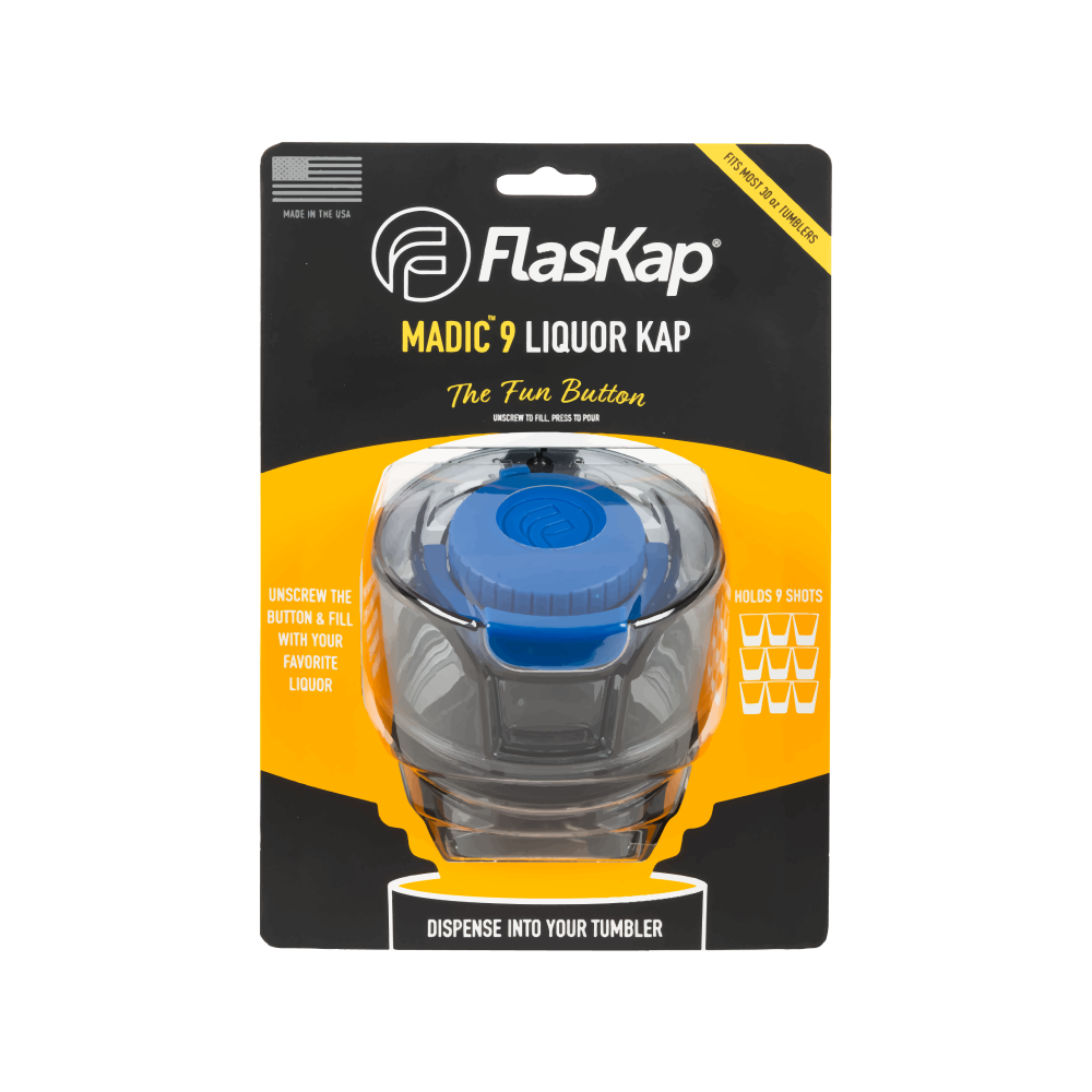 FlasKap Madic 9 Liquor Kap' packaging, featuring a clear design with a blue button and instructions for dispensing liquor into a tumbler.