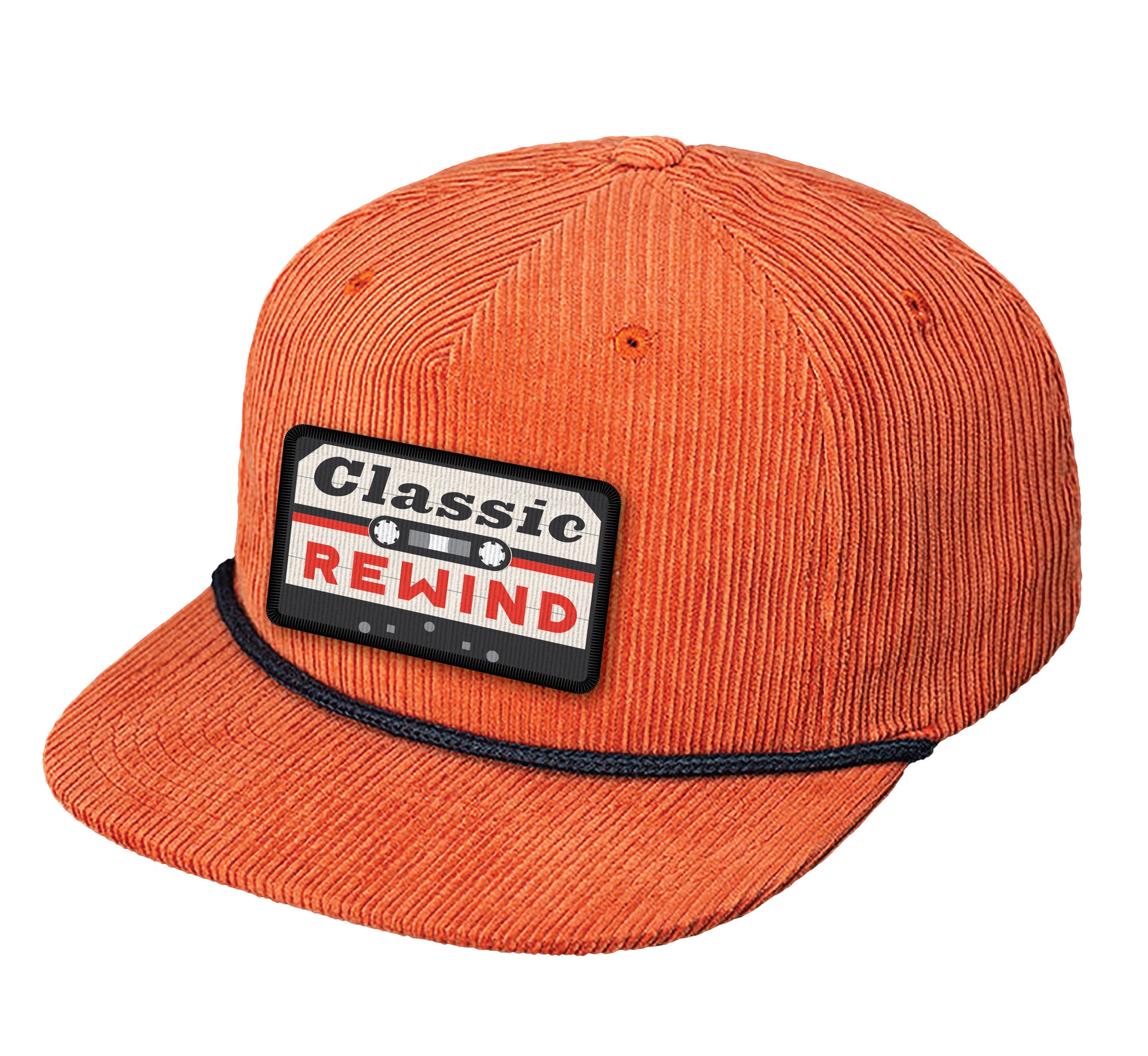 Orange corduroy cap with a 'Classic Rewind' patch on the front and a decorative black rope band.