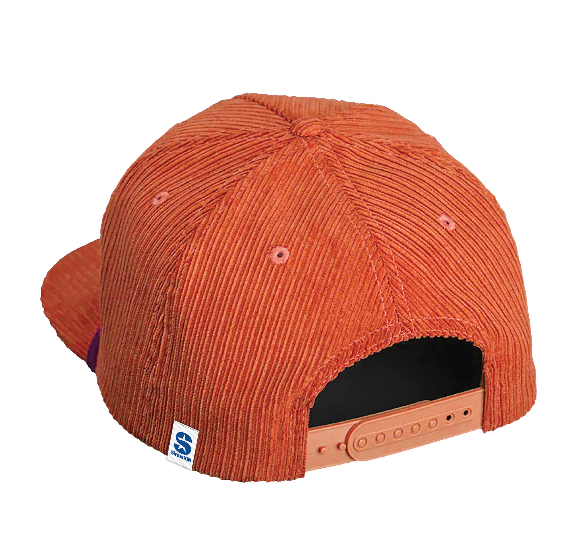 Back view of an orange corduroy snapback cap with a purple accent and adjustable strap.