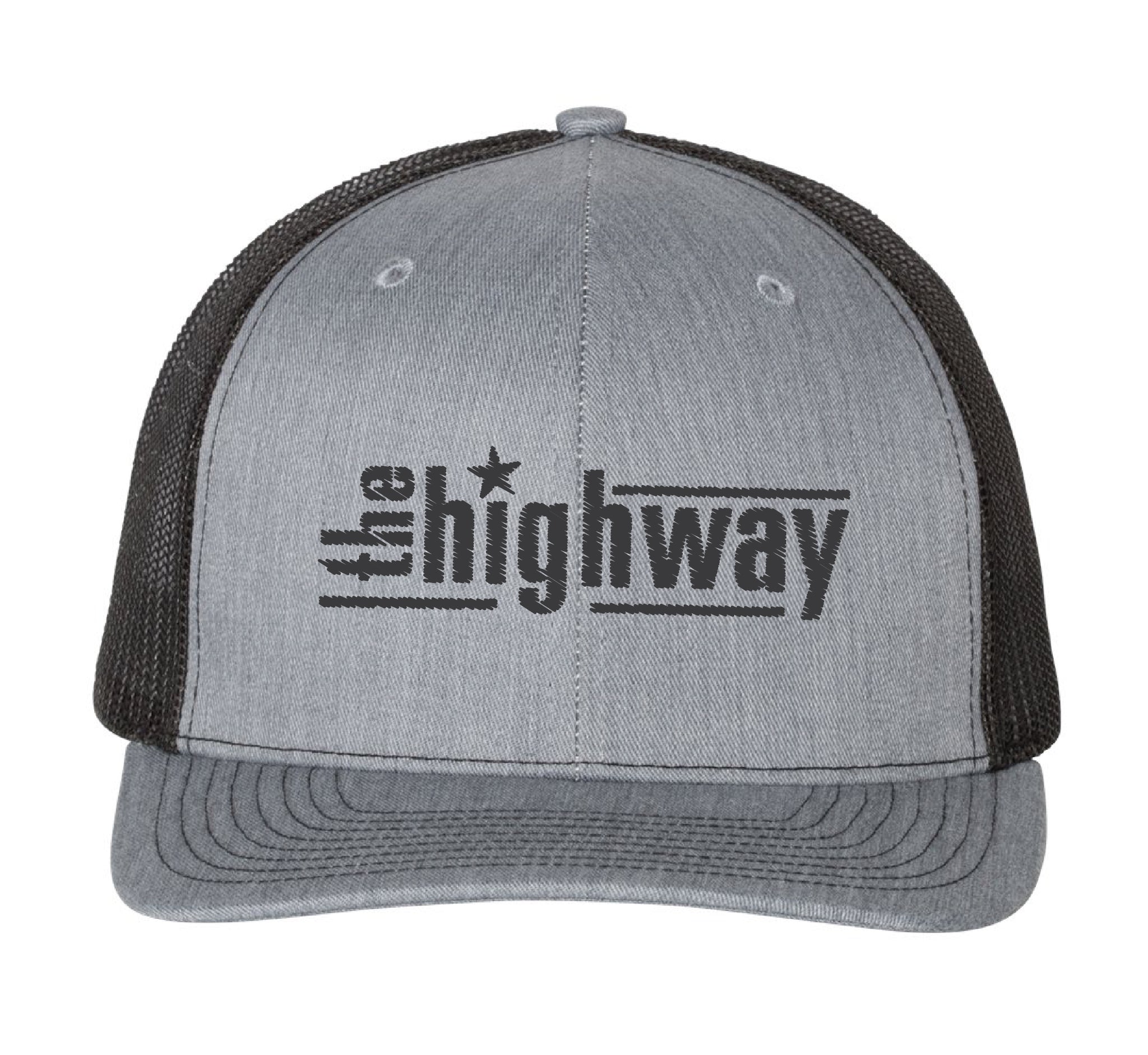 Gray trucker hat with black mesh back featuring the text 'the highway' in bold black.
