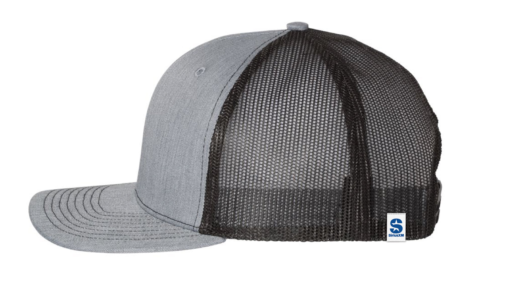 Gray and black snapback cap with a mesh back and a 'SiriusXM' logo tag at the side.