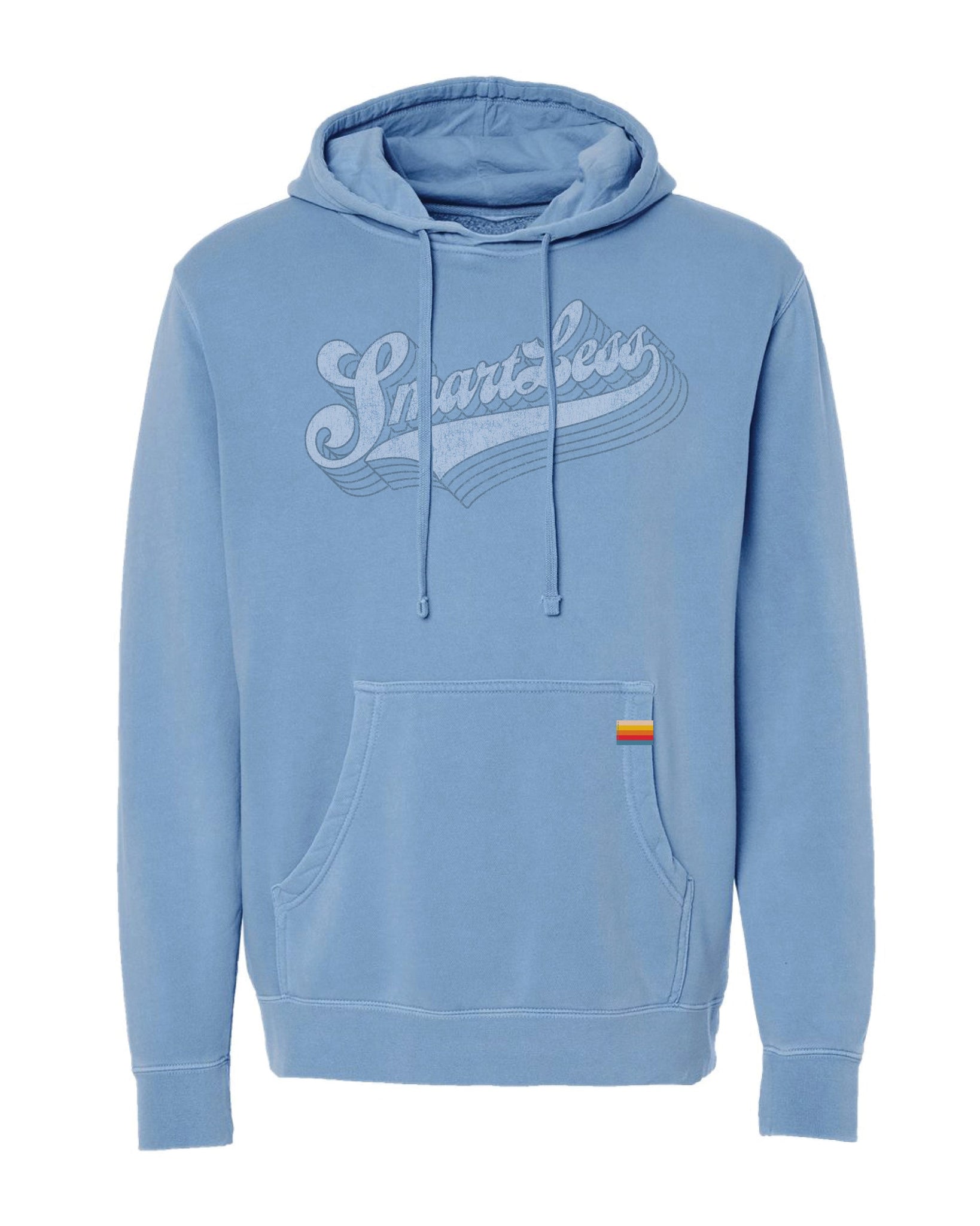 Light blue hoodie with the text 'SmartLess' on the front and a small striped clip label on the pocket.