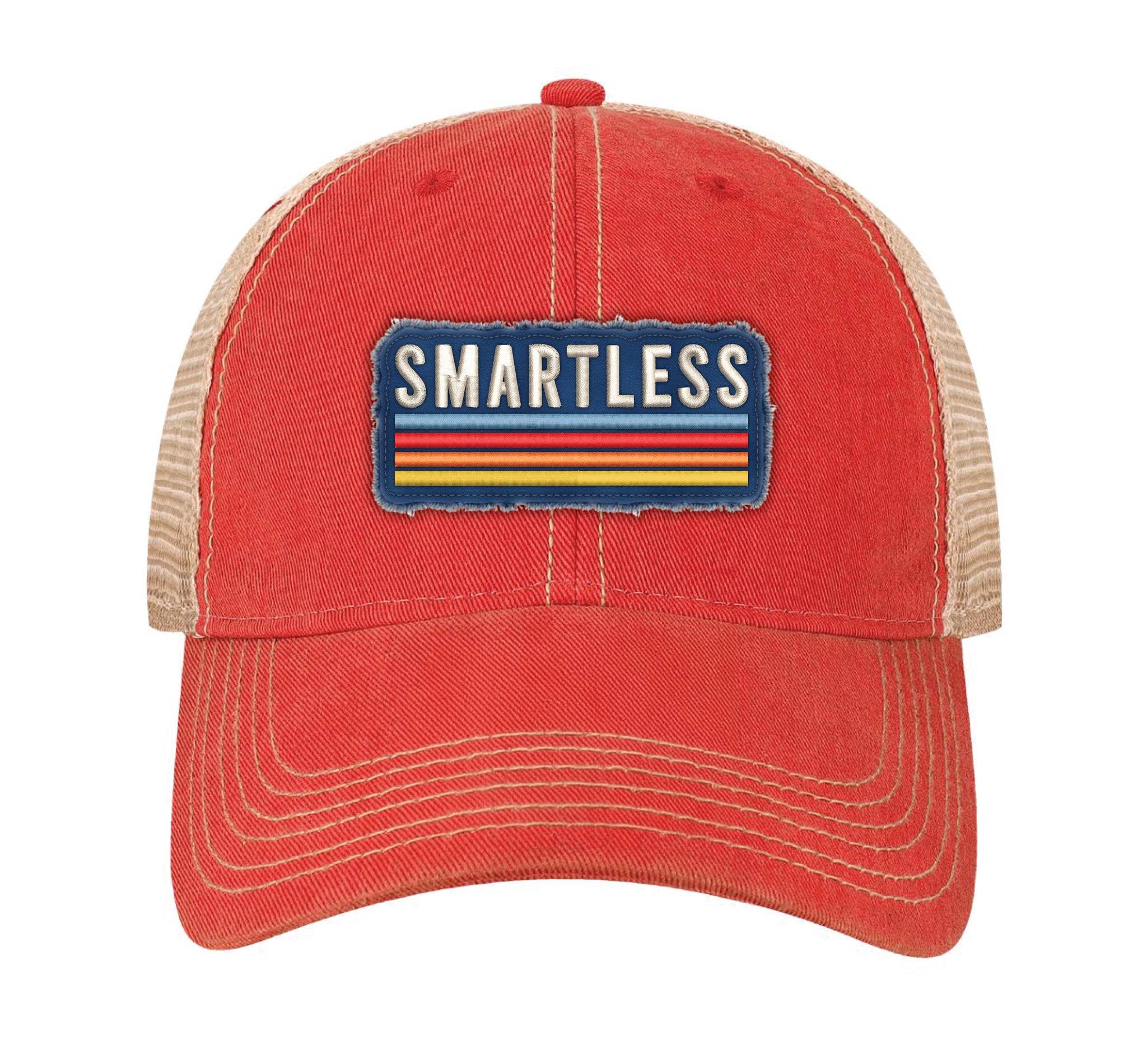 An orange baseball cap with a tan mesh back featuring a patch that says 'SMARTLESS' in white letters against a blue background with horizontal stripes.
