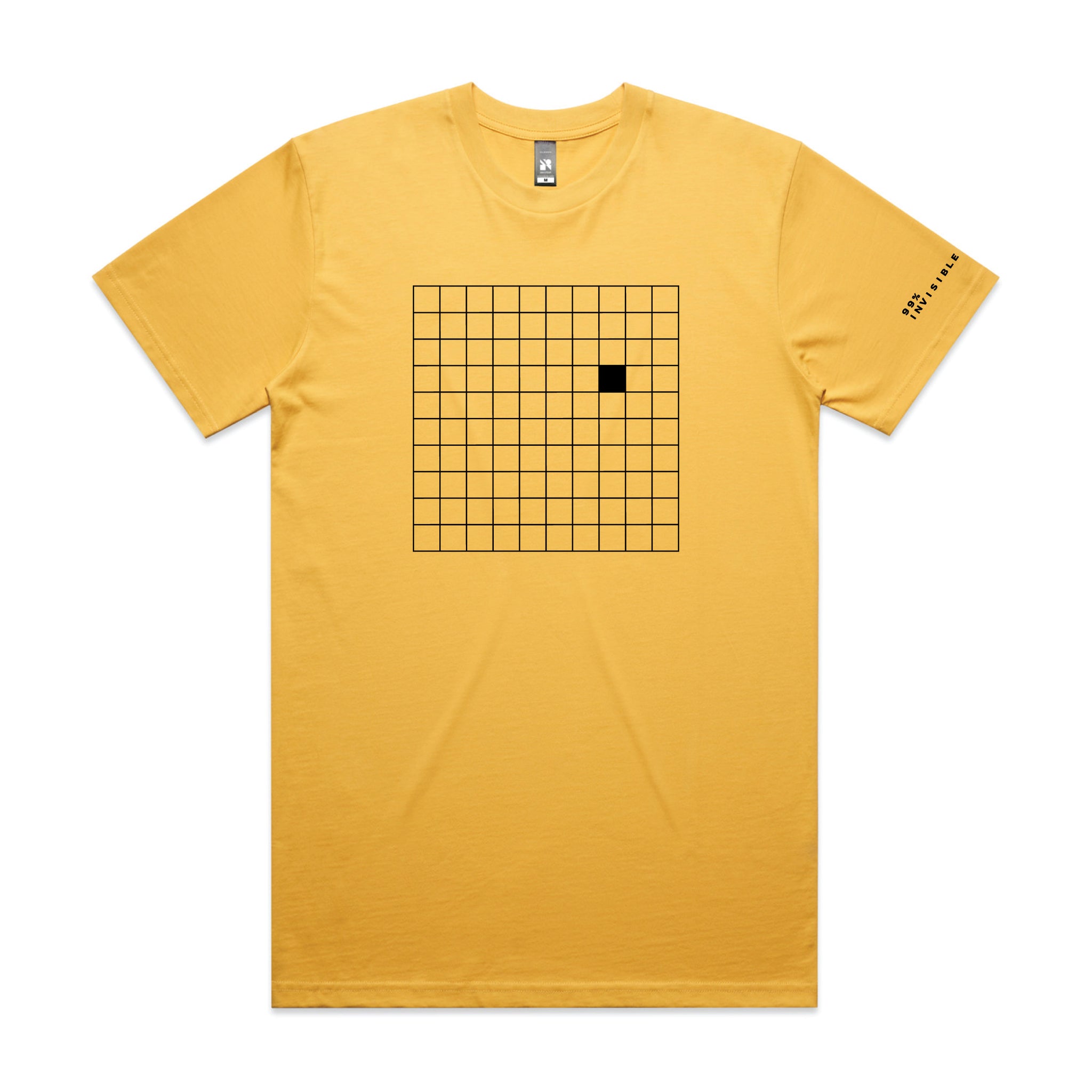 Yellow t-shirt featuring a black grid pattern with a single solid black square in one of the grid cells.