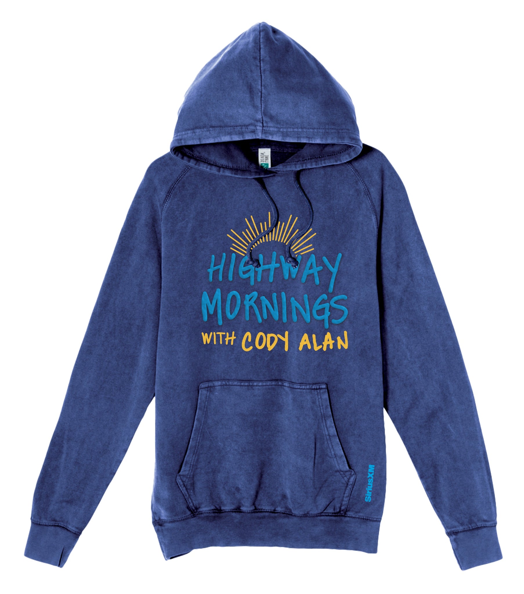 A blue hooded sweatshirt featuring the text 'HIGHWAY MORNINGS WITH CODY ALAN' in large, playful blue and yellow letters across the chest, with yellow sunburst lines above the word 'HIGHWAY' and a small 'SIRIUSXM' logo near the pocket on the lower right side.