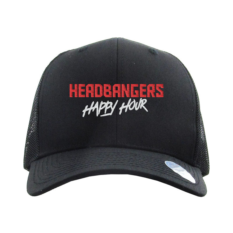 A black mesh trucker hat with the embroidered text 'HEADBANGERS' in red block letters and 'HAPPY HOUR' in white handwritten script on the front panel.