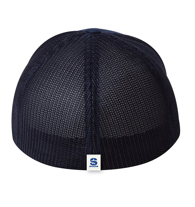 A navy mesh-back fitted ball cap shown from the rear with a small white tag featuring the blue 'SiriusXM' logo stitched at the bottom center seam.