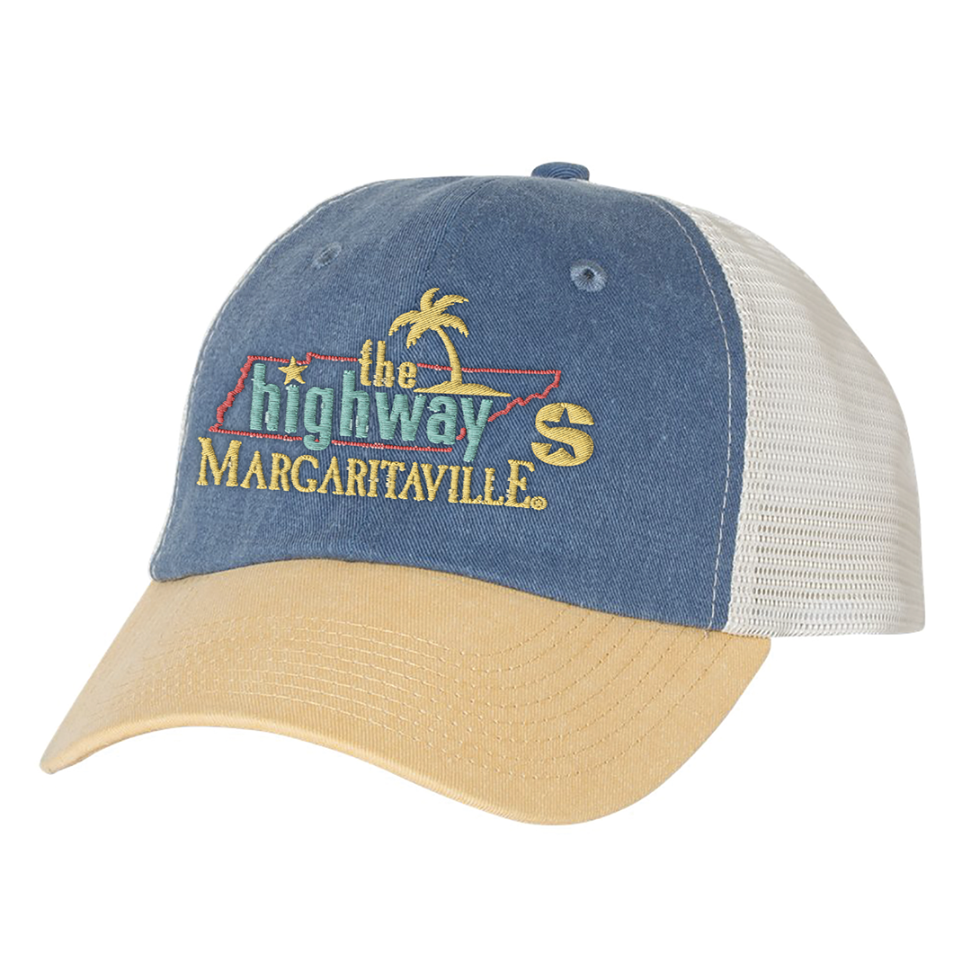 A trucker-style baseball cap with a blue denim front panel, a beige curved brim, and a white mesh back. The front features an embroidered 'The Highway Margaritaville' logo, which includes a Tennessee state outline, a palm tree, and the SiriusXM 'S' logo.