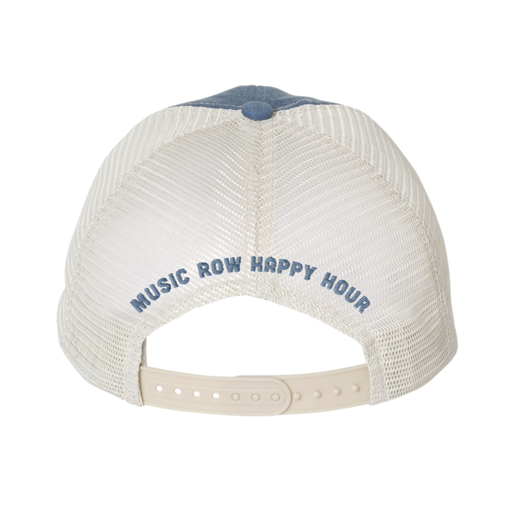 The back view of the trucker-style cap, showing its white mesh panel and an adjustable snapback closure. Above the closure, the phrase 'Music Row Happy Hour' is embroidered in blue text.