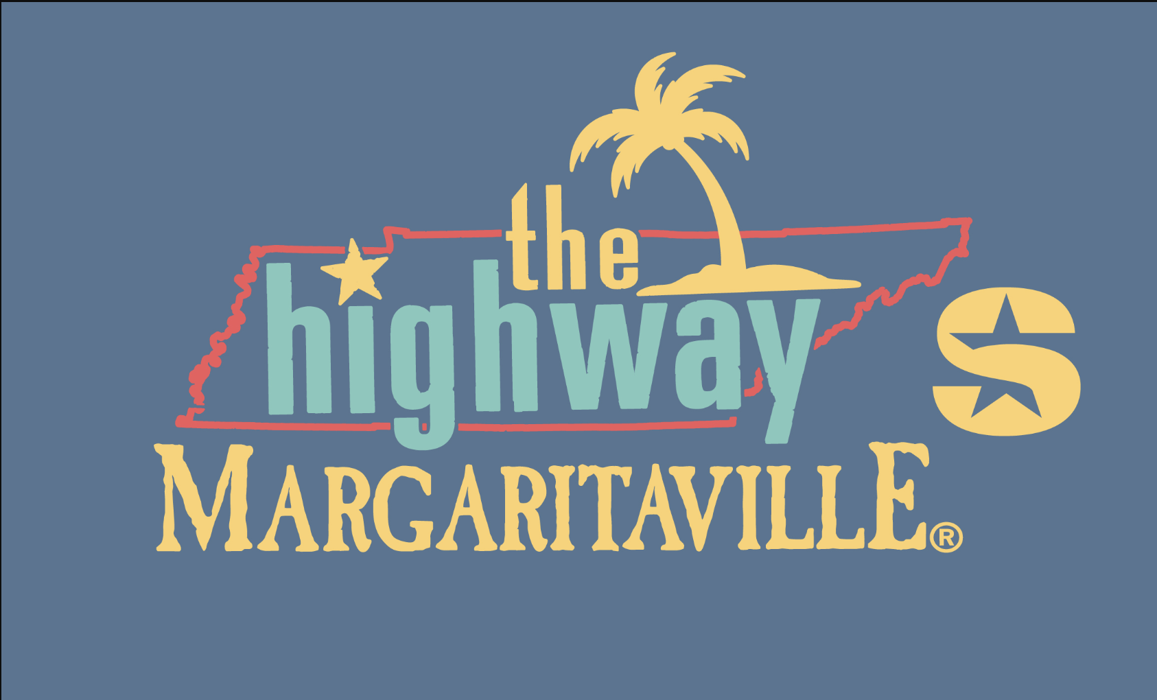 A close-up of the 'The Highway Margaritaville' embroidered logo, which includes stylized text, a yellow palm tree, and a red outline of Tennessee.