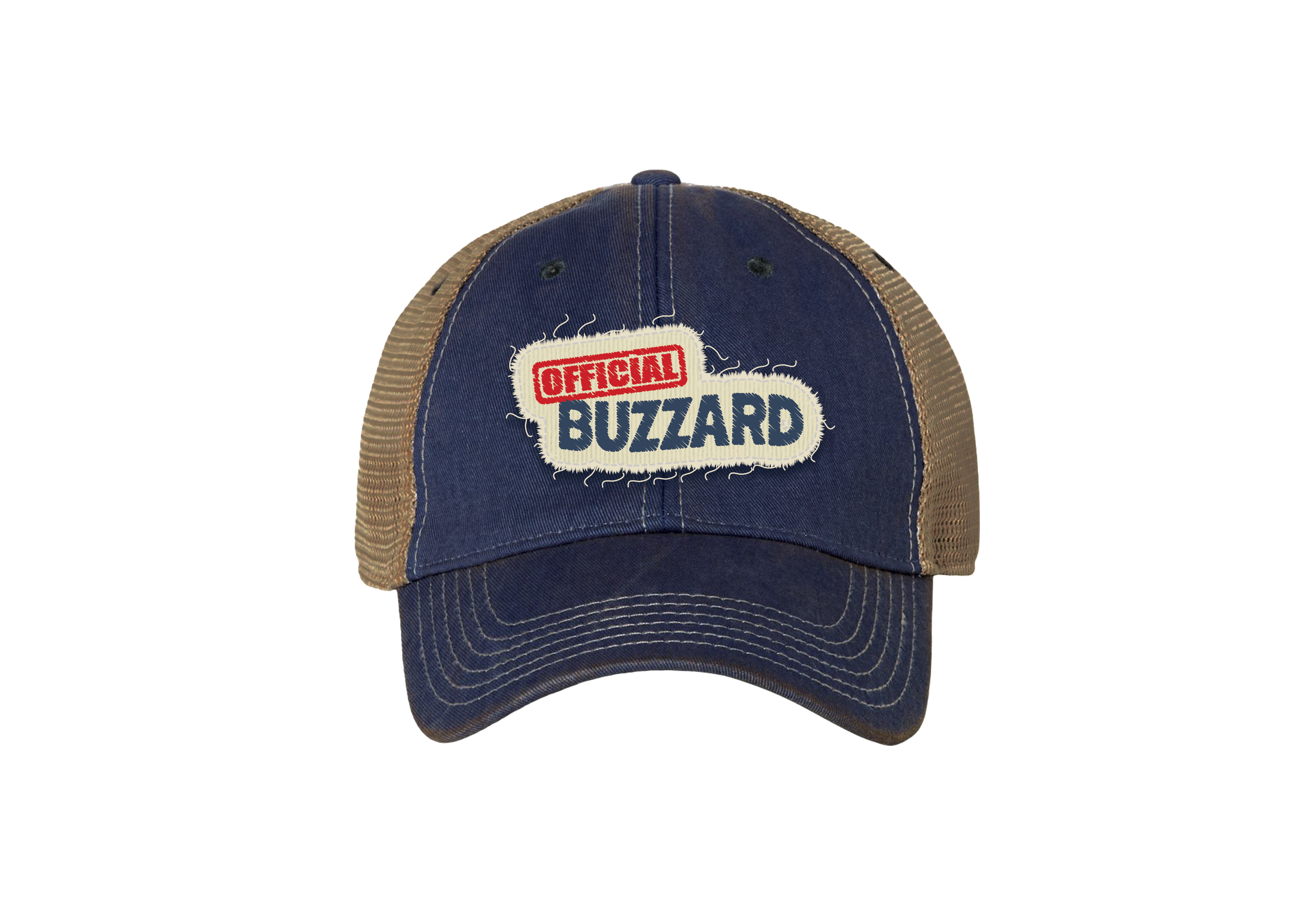 A navy blue cap with 'OFFICIAL BUZZARD' embroidered on the front in a retro style.