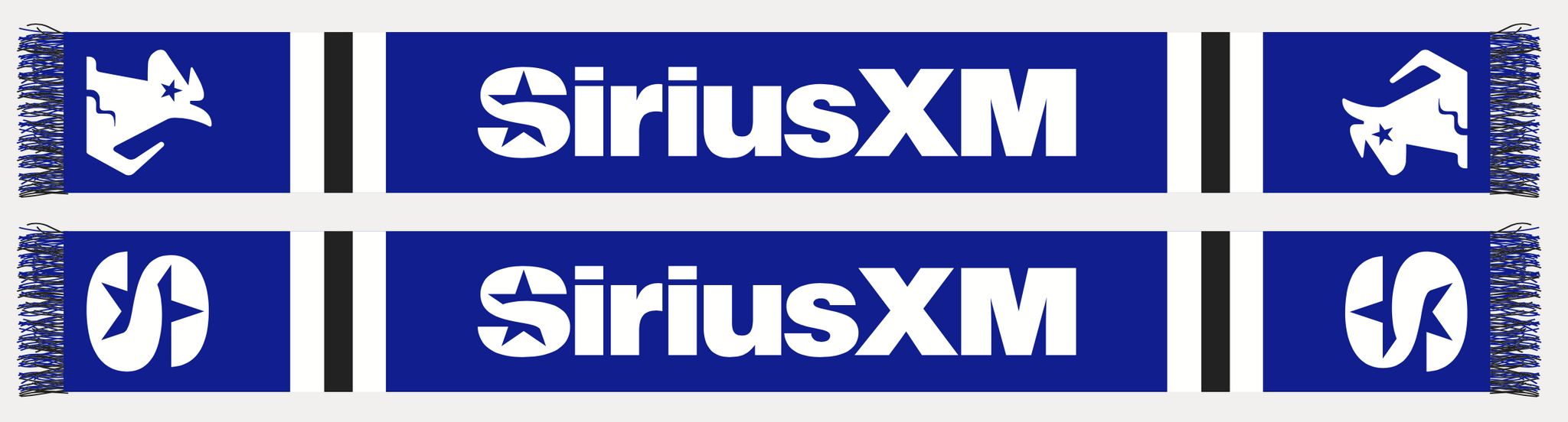 Front and back sides of a blue and white knit soccer-fan style scarf with white 'SiriusXM' logo on one side and Stella dog mascot on the other side.