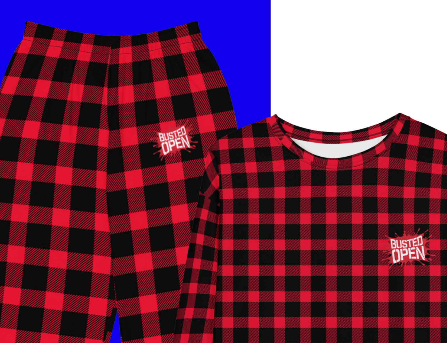 Red and black plaid pajamas featuring 'BUSTED OPEN' logo on shirt and pants.