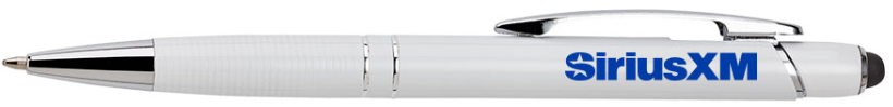 White pen with silver accents, featuring the logo 'SiriusXM' in blue.