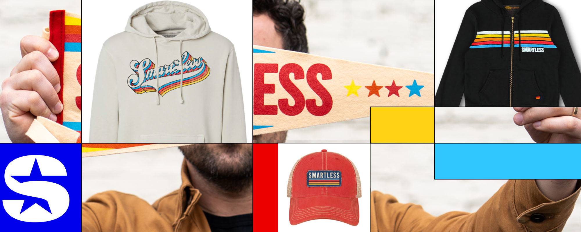 SmartLess Merch showcased including a black hoodie, red hat, tan hoodie and man holding oxford pennant banner. Sirius logo in bottom left corner.