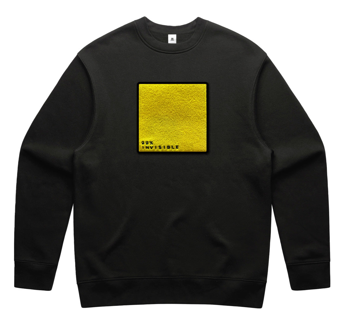 This image shows a black sweatshirt with a minimalist and modern design. The focal point is a yellow textured square prominently displayed on the chest area. Below the square, the text "99% INVISIBLE" is printed in a clean, sans-serif font, adding a subtle yet impactful detail. The sweatshirt has a classic crewneck style with long sleeves, and the overall design is simple, drawing attention to the central yellow square and text. This piece seems to emphasize a sleek, understated aesthetic.