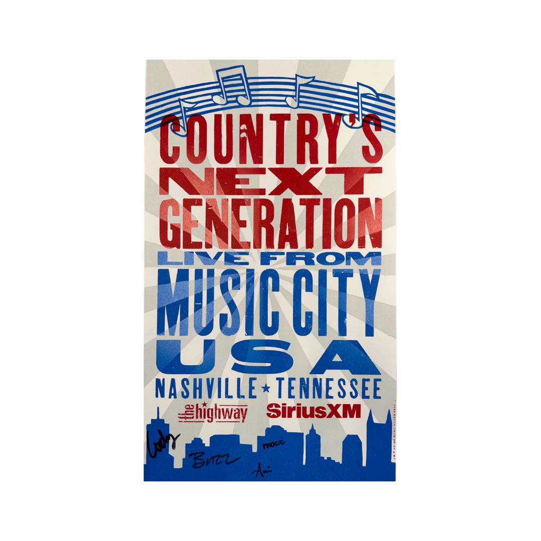 HATCH event poster for 'Country's Next Generation,' live from Music City, Nashville, Tennessee, featuring 'SiriusXM' and 'The Highway.'