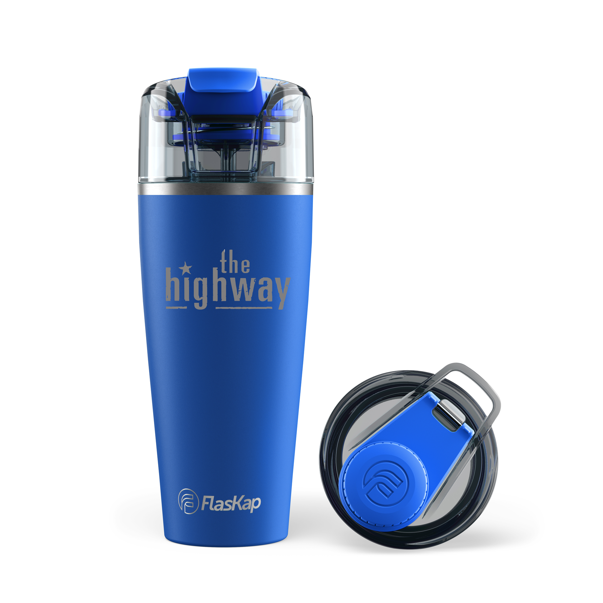 Blue 'FlaskCap' brand tumbler featuring 'the highway' logo and clear Liquor Kap attahment on top and standard cap unattached on the right.