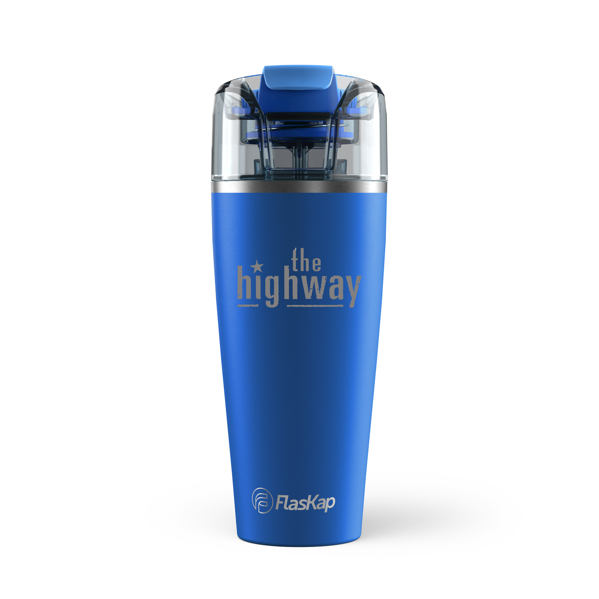 Front side of blue tumbler and clear Liquor Kap attahment on top, featuring 'the highway' and 'FlasKap' logos.
