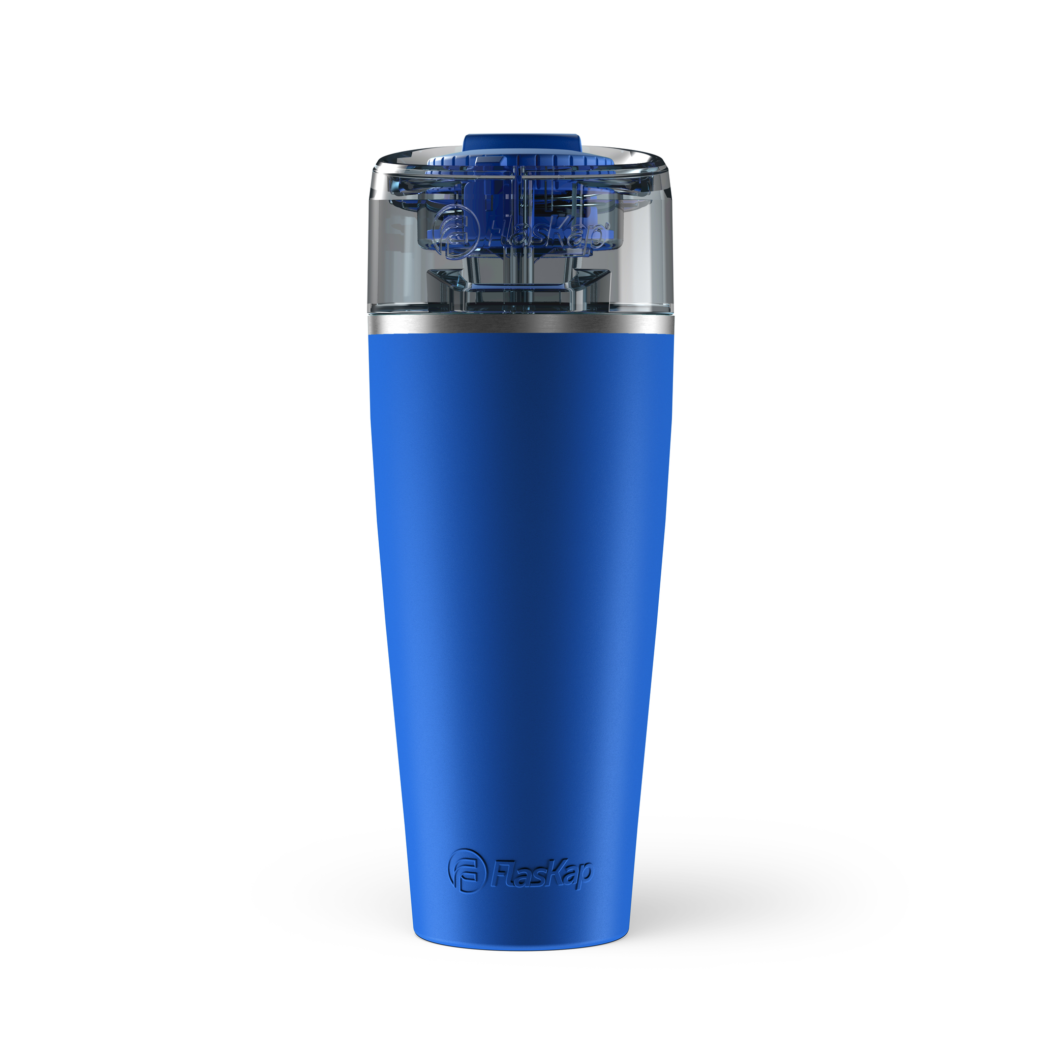 Back side of a blue insulated tumbler with a transparent lid, featuring engraved 'Flaskap' logo at the bottom.