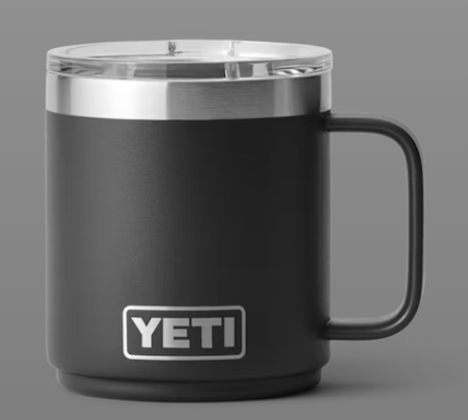 Back side of black metal mug with silver 'Yeti' branding on the bottom.