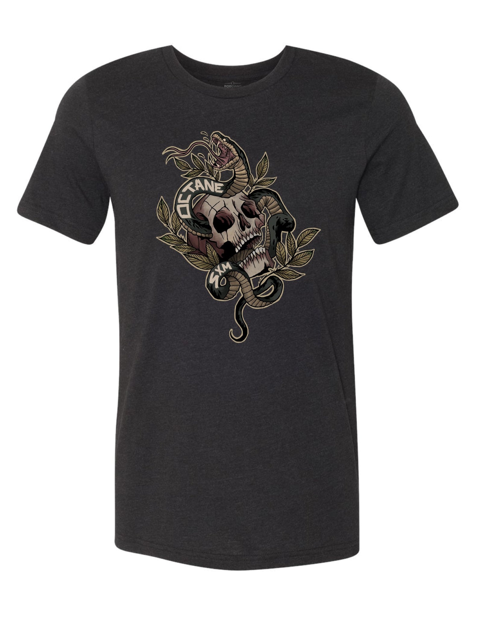 Black t-shirt featuring 'Octane' text with a graphic design of a skull wrapped in a snake and surrounded by leaves.