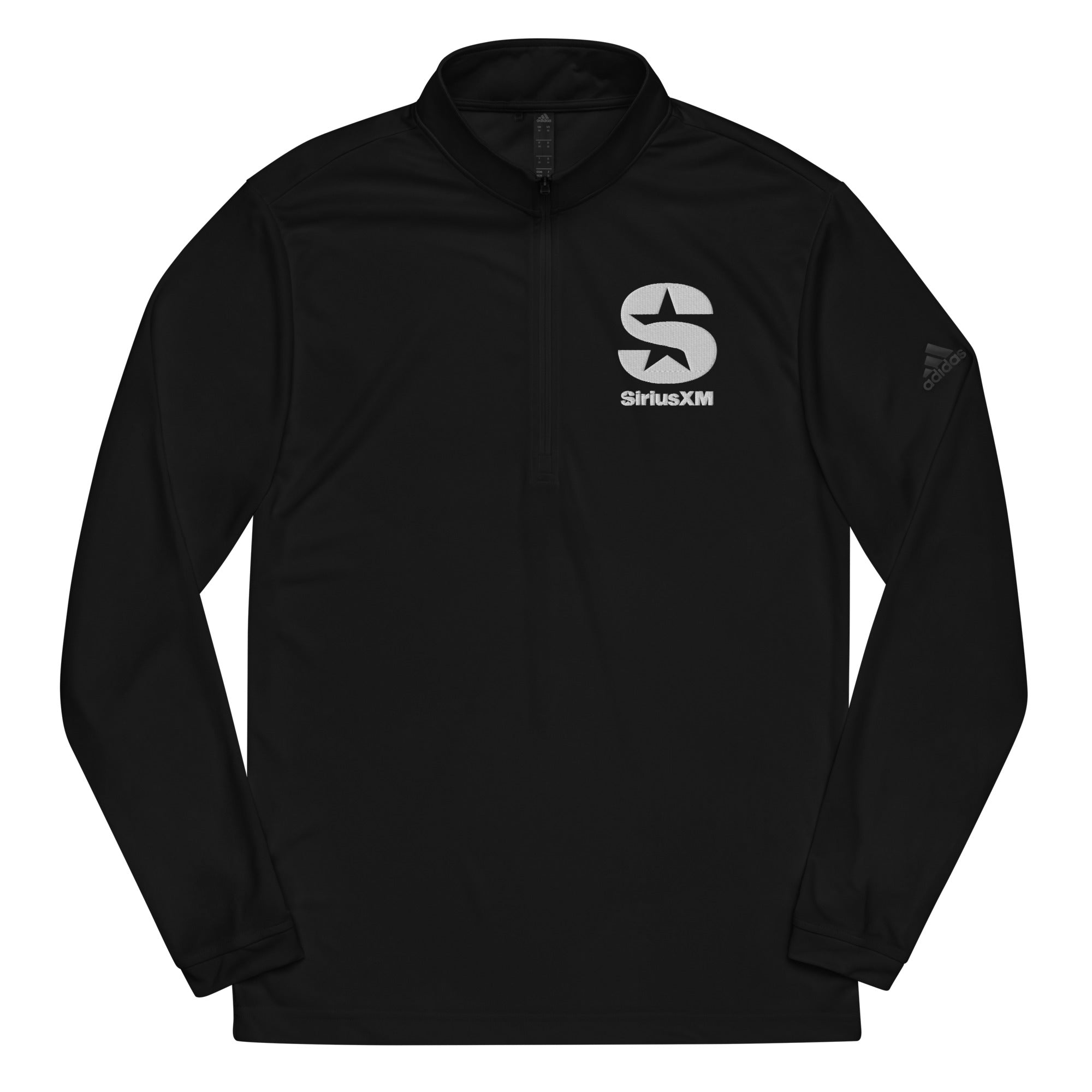 Black long-sleeve shirt with partial zipper and 'SiriusXM' embroidered logo on the chest, featuring 'Adidas' branding on the sleeve.