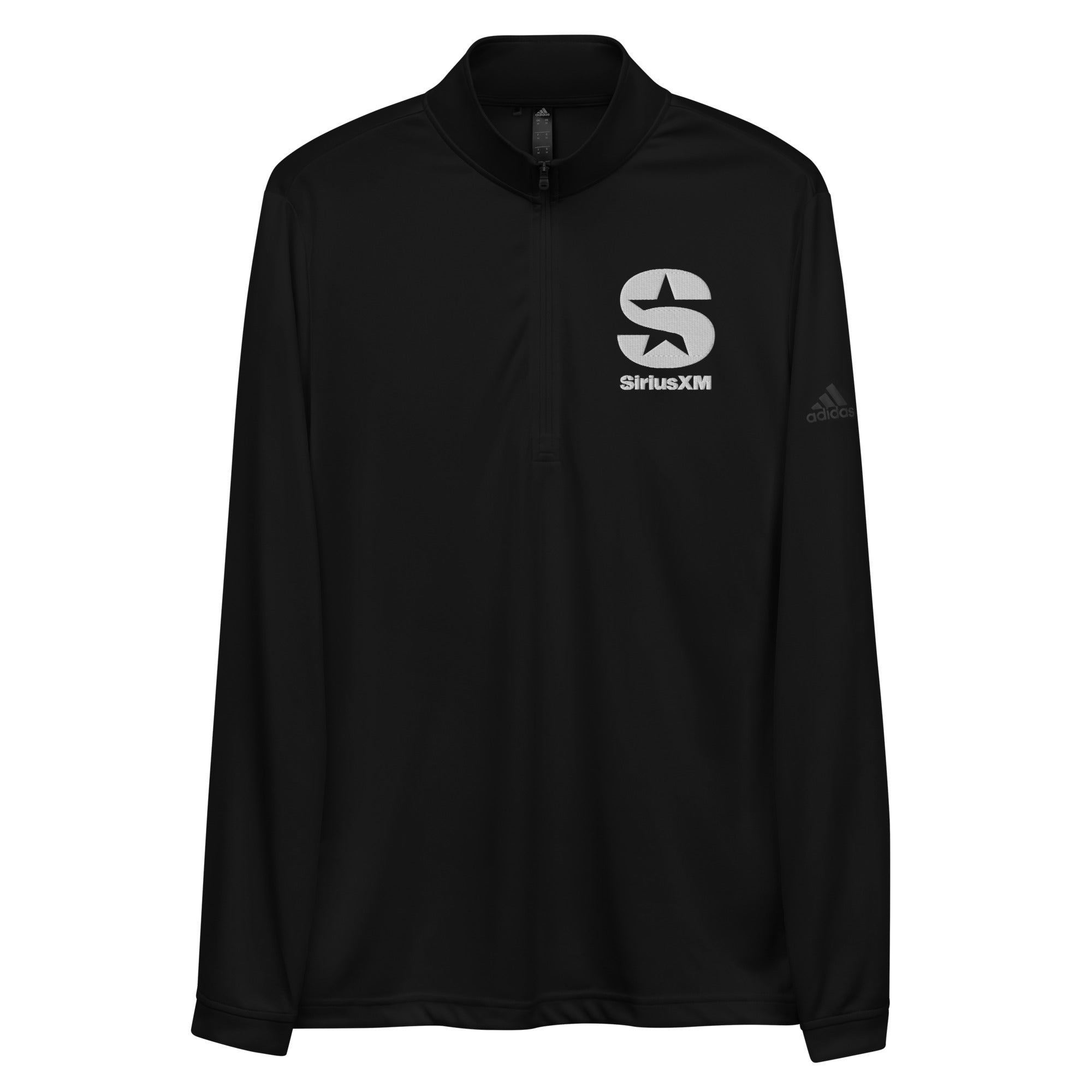 Black long-sleeve athletic pullover with 'SiriusXM' embroidered logo and 'Adidas' branding on the sleeve.