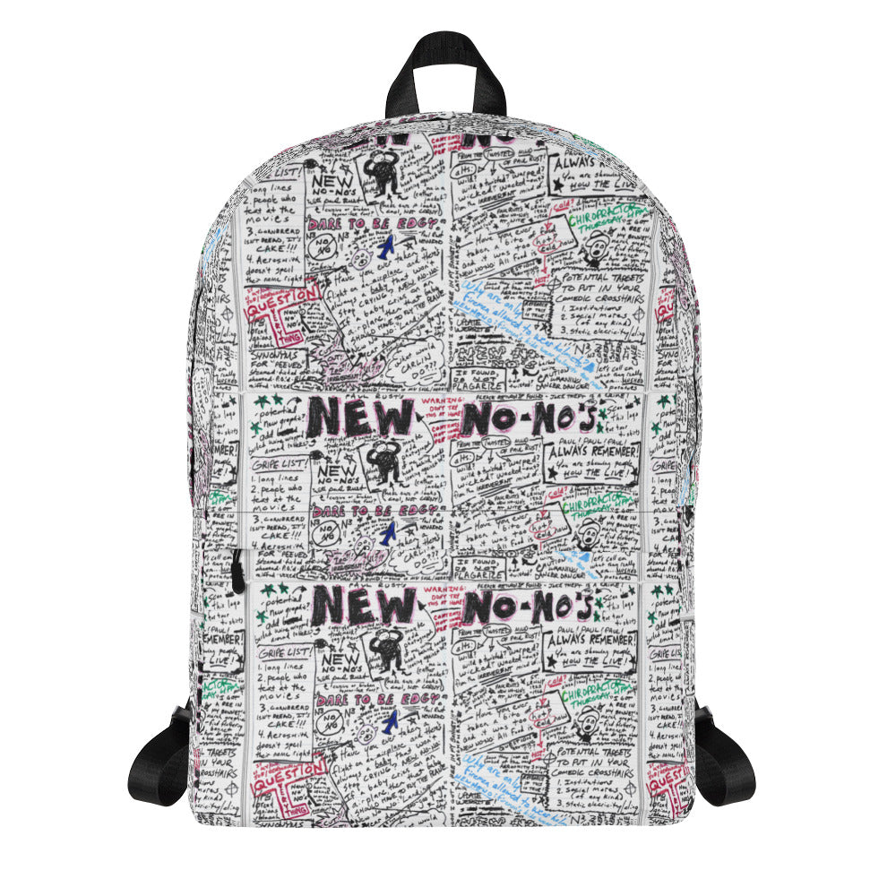 A backpack featuring a collage of handwritten notes, doodles, and colorful text, with 'NEW' NO-NOs' prominently displayed.