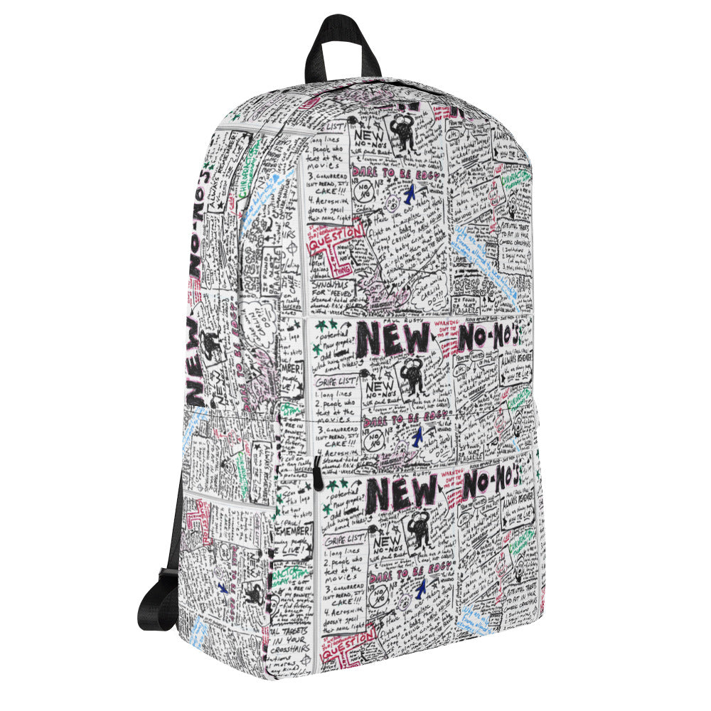 A backpack featuring a collage of handwritten notes, doodles, and colorful text, with 'NEW' NO-NOs' prominently displayed, angled to the right.