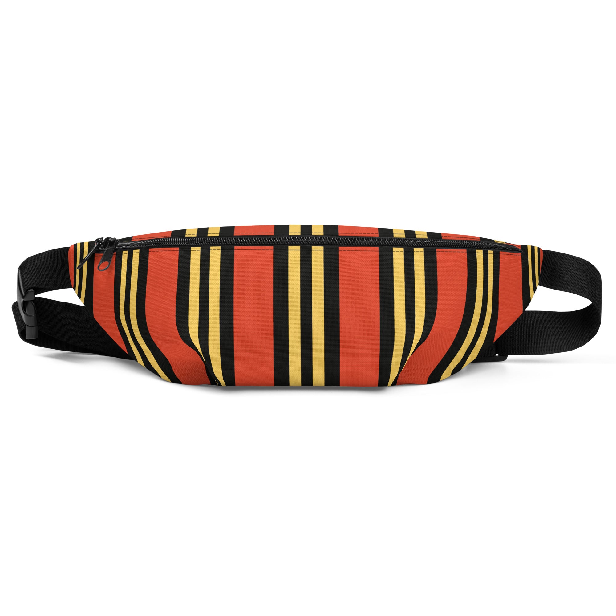 Front view of the orange, yellow, and black vertically striped fanny pack with a black zipper and adjustable strap.