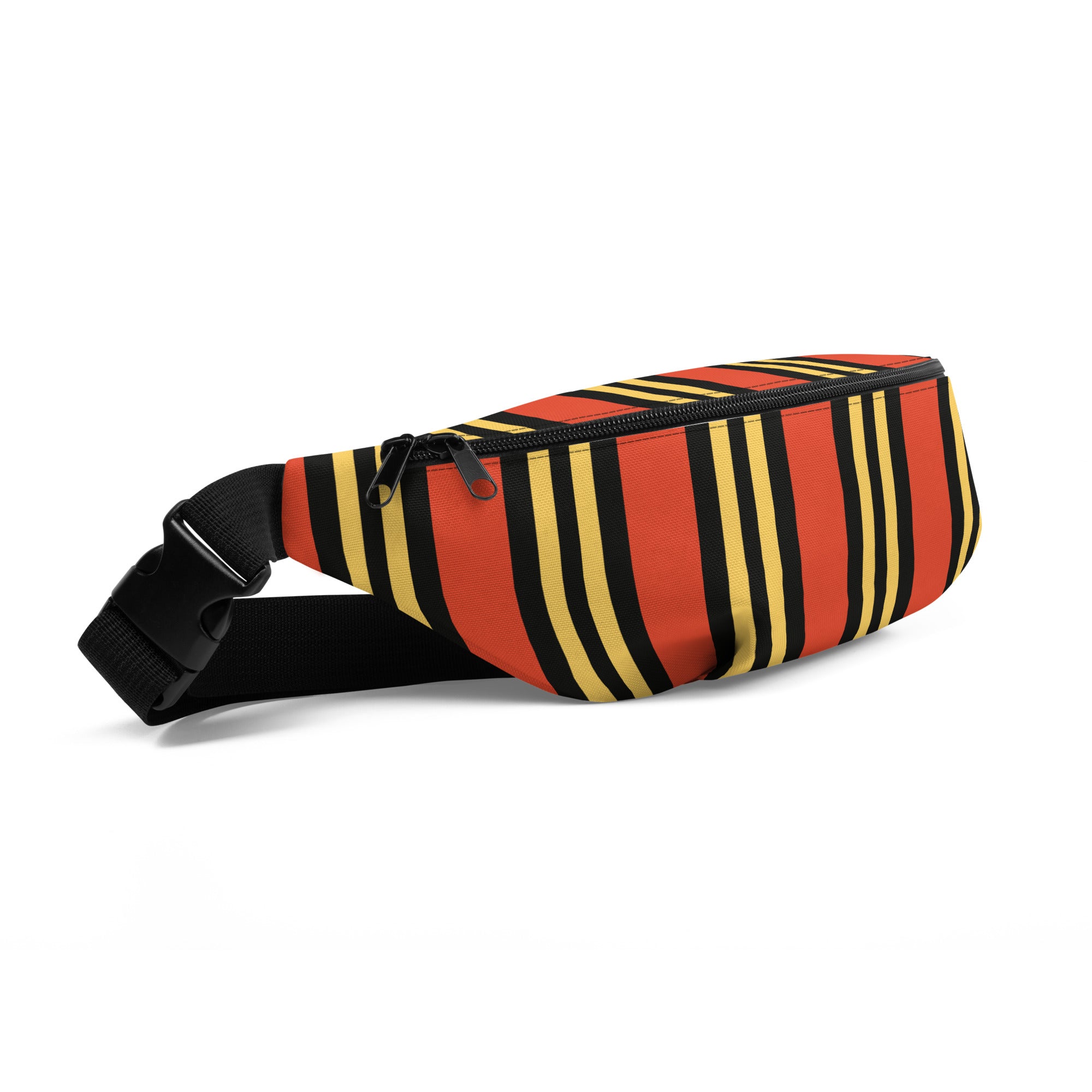 Angled front-left view of the orange, yellow, and black striped fanny pack showing the zipper closure and adjustable black strap.