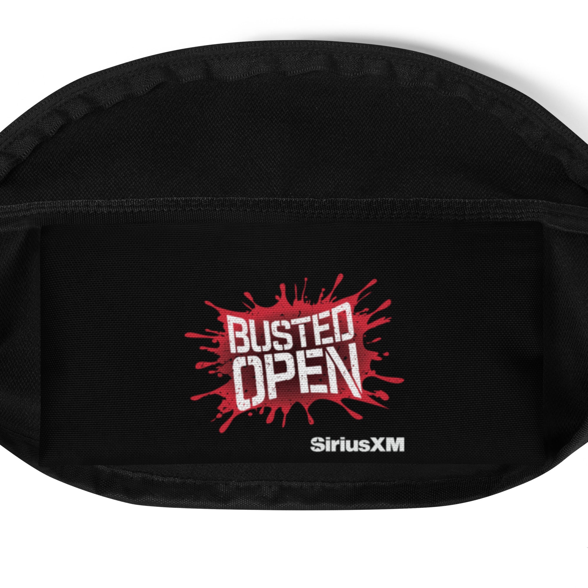 Backside view of black fanny pack with the words 'BUSTED F'N OPEN' in red and white repeated over the surface.