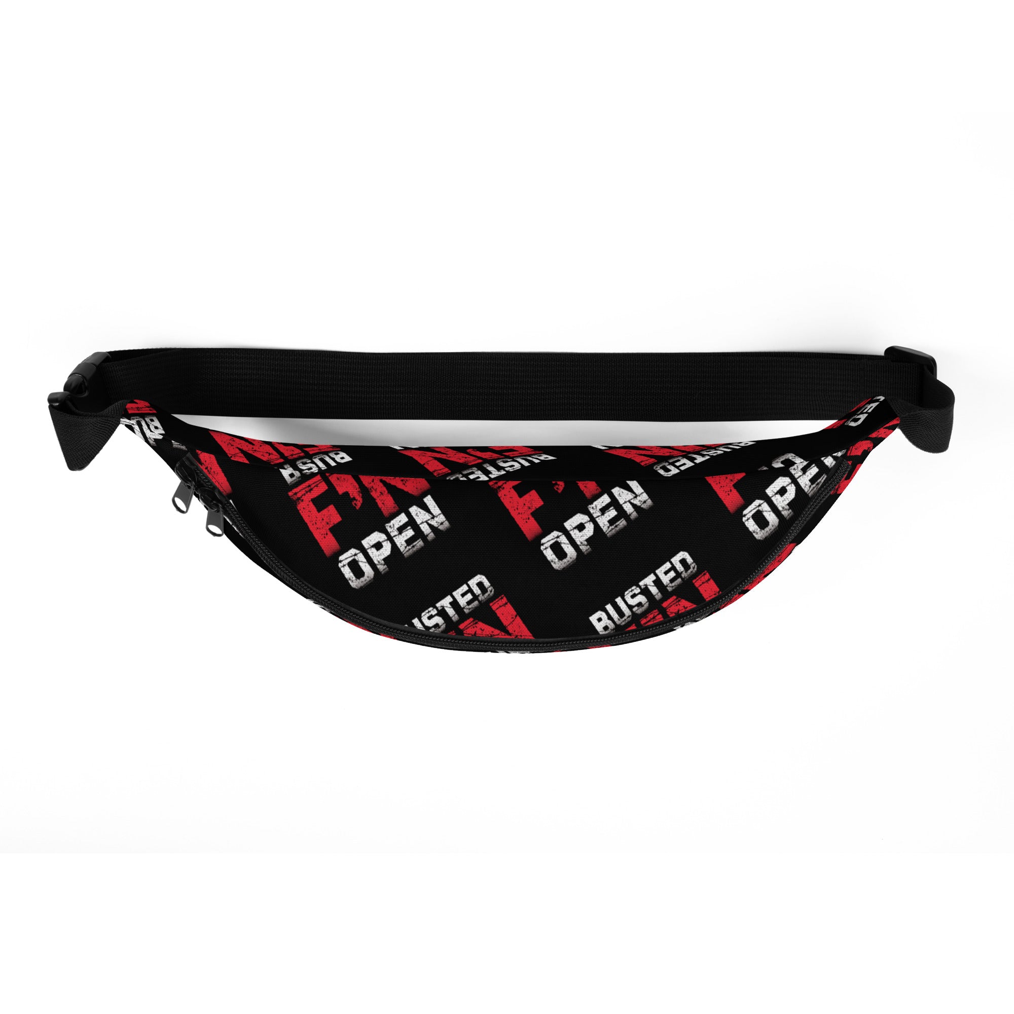 Top down angle of black fanny pack with the words 'BUSTED F'N OPEN' in red and white repeated over the surface.