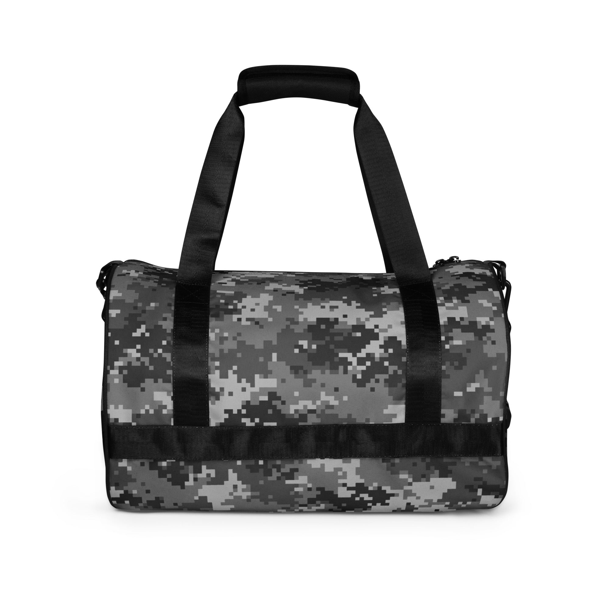 Duffle bag with a black and grey digital camouflage pattern and sturdy black straps.