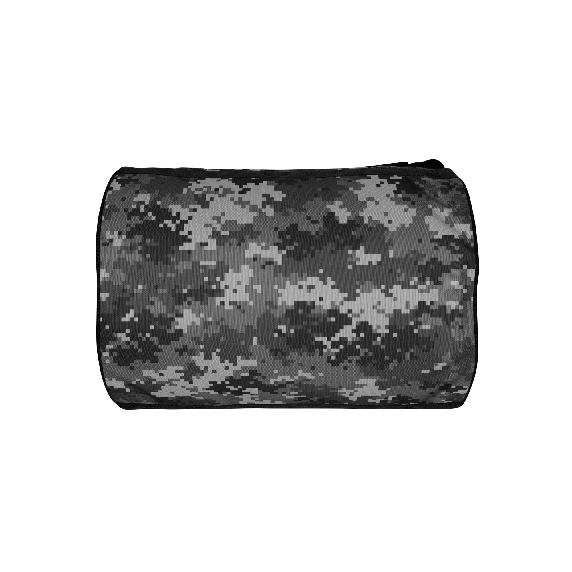 A cylindrical bag with a black and gray digital camouflage pattern. Bottom view.