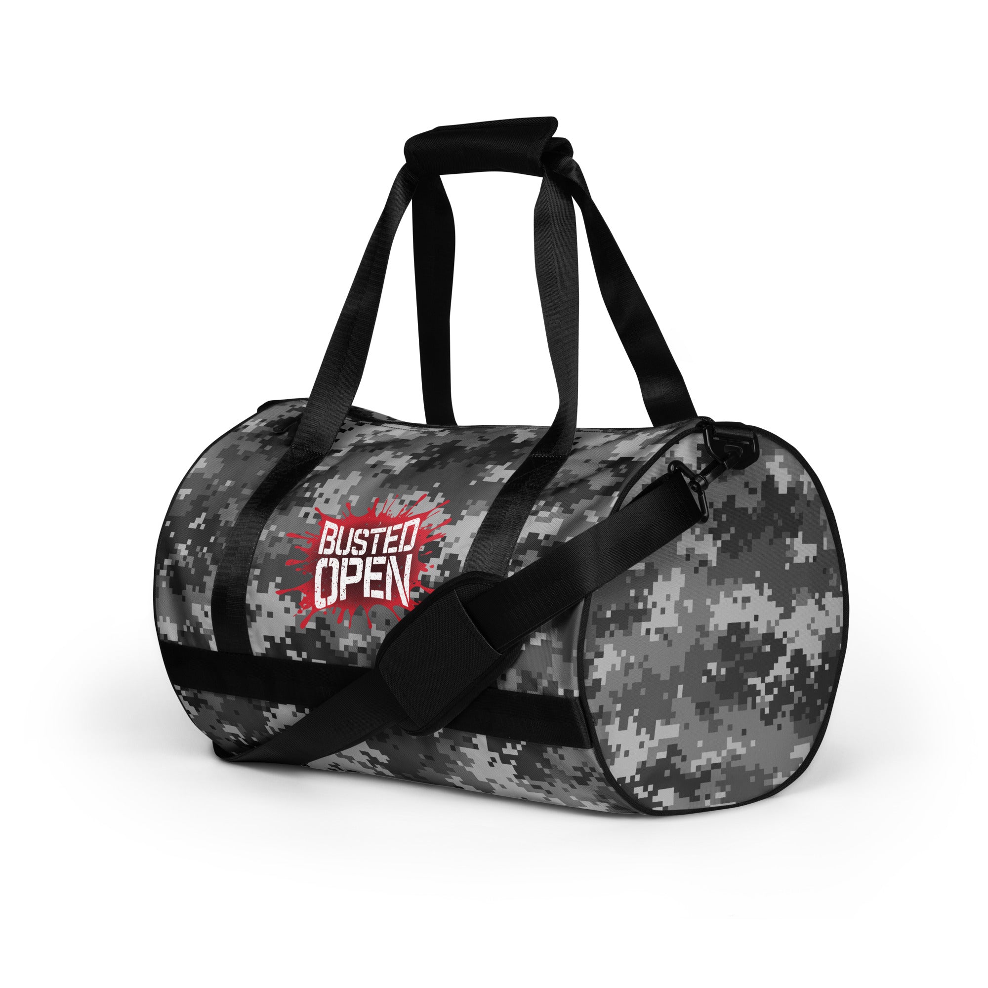 Camouflage duffel bag with black straps and 'BUSTED OPEN' logo in red.