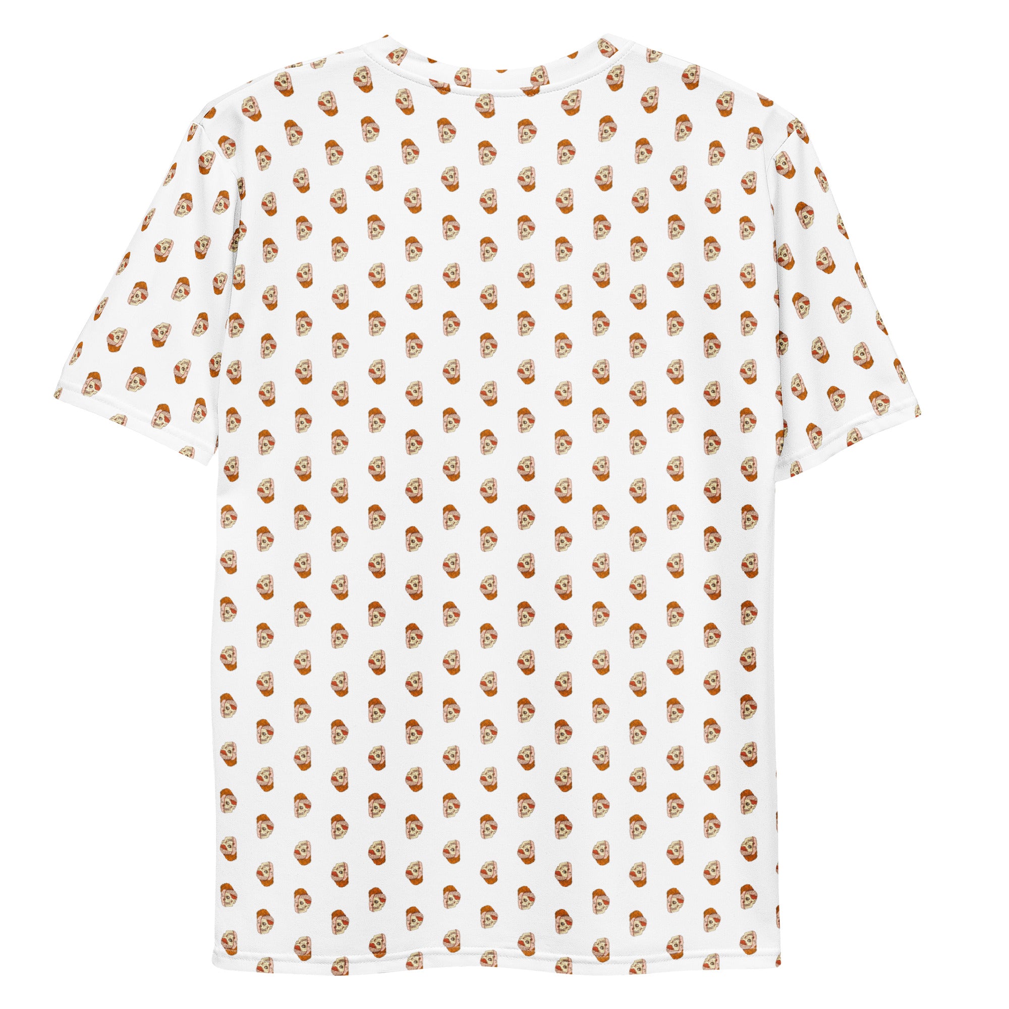 T-shirt featuring a repeated pattern of cartoon faces with red hair and light skin on a white background.
