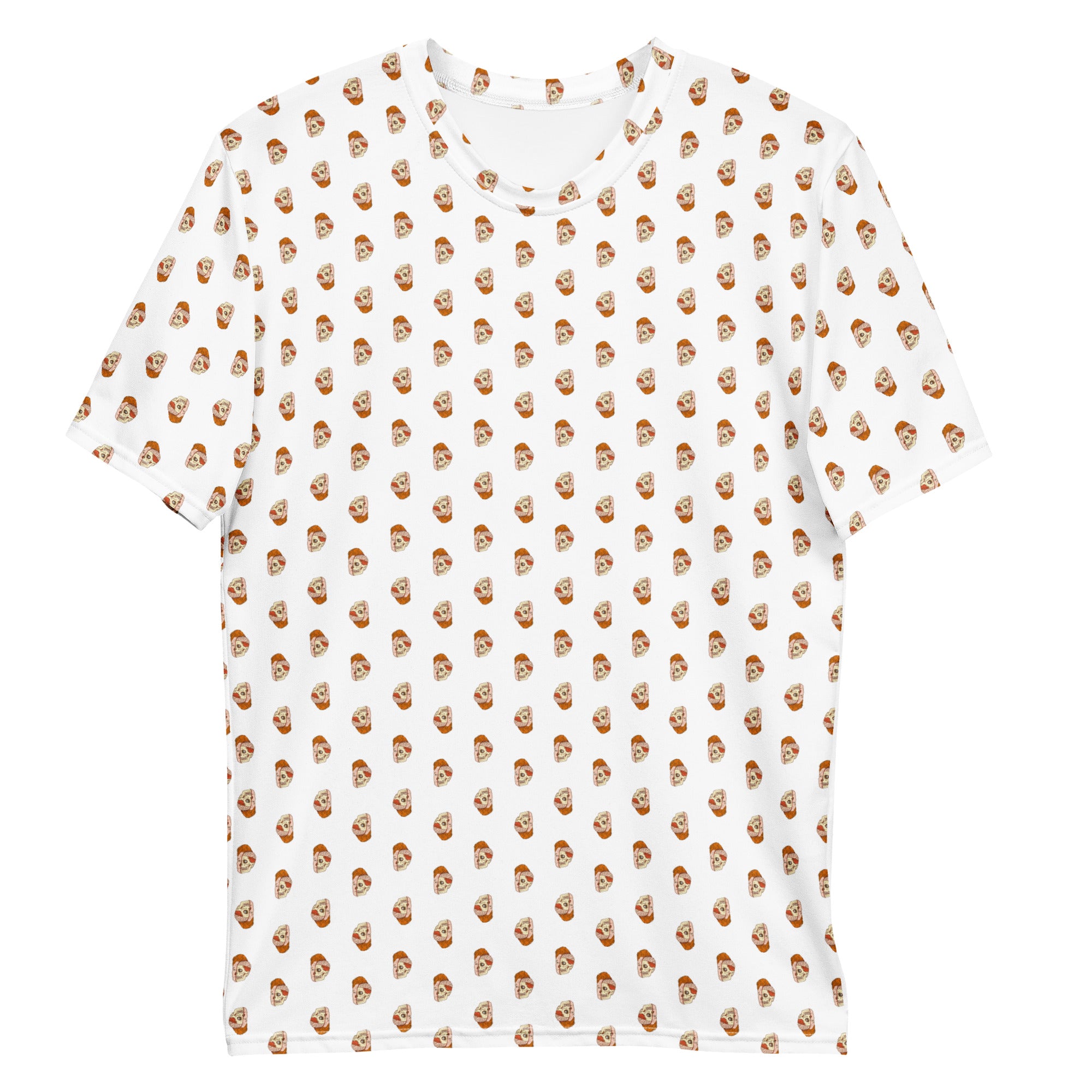 White t-shirt with a repeated pattern of stylized faces and brown hats.